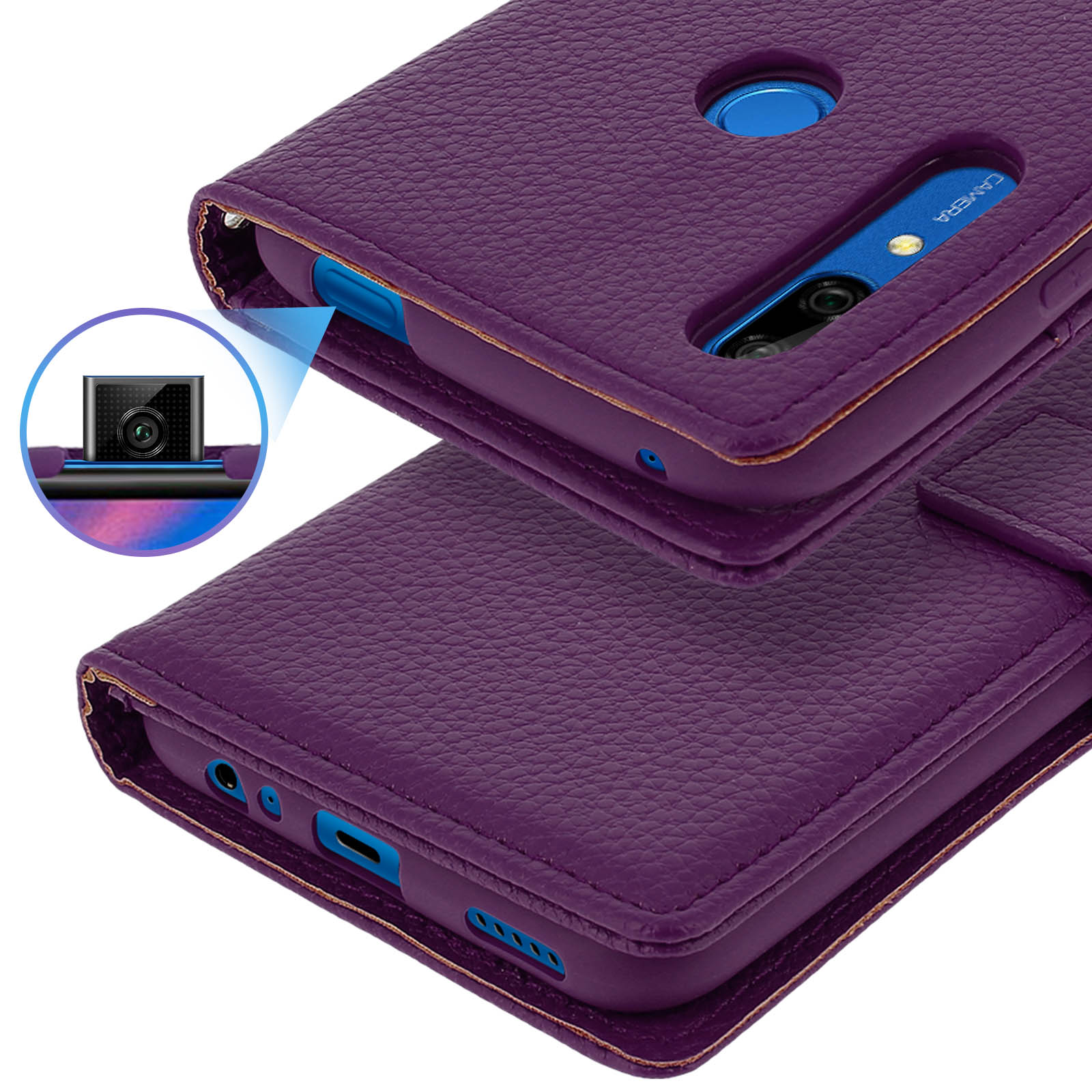 Custodia in pelle viola per telefono con ritaglio fotocamera e porte di ricarica.