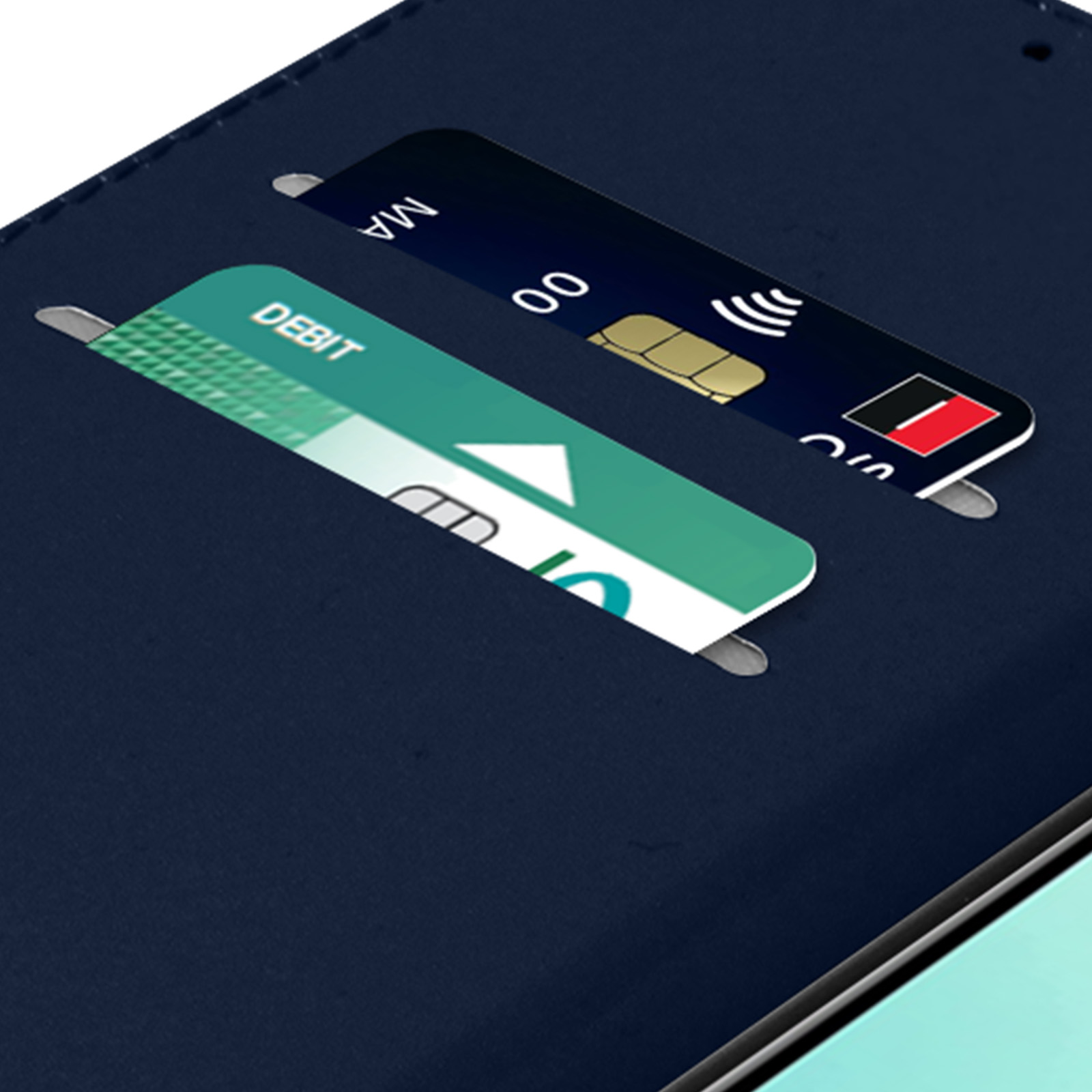 Een donkerblauwe hoes met twee kaartsleuven, één voor een debetkaart en één voor een creditcard.