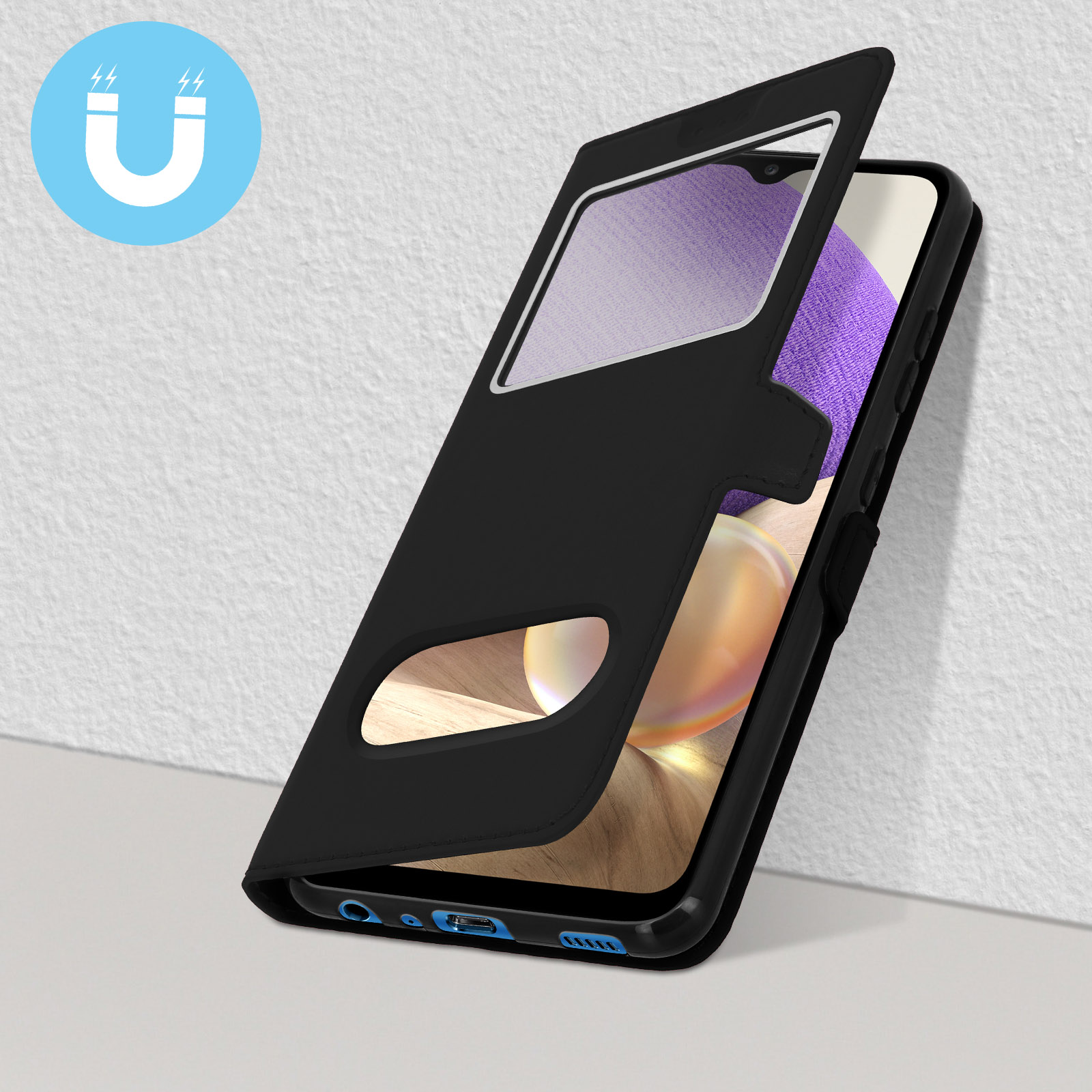 Coque de téléphone noire avec icône aimantée. Un téléphone est visible.