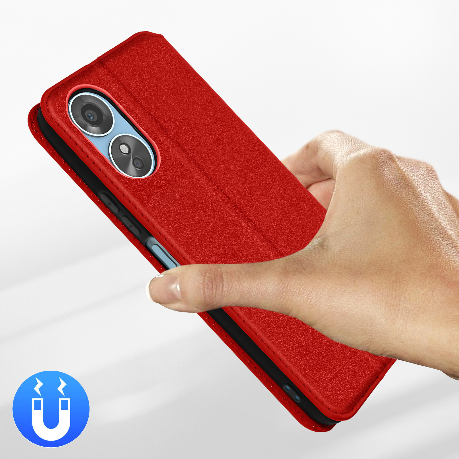 Rode telefoonhoes met camera-uitsparing en magneet-symbool.