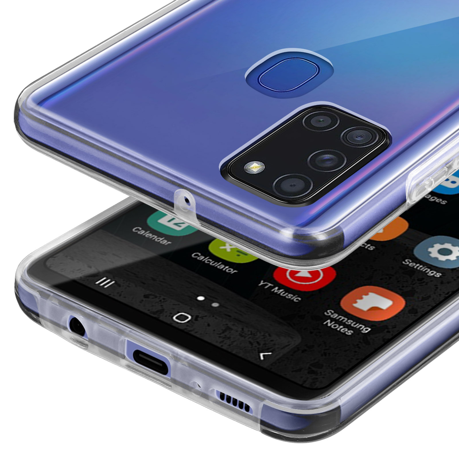 Una cover trasparente protegge uno smartphone con fotocamere e icone app.