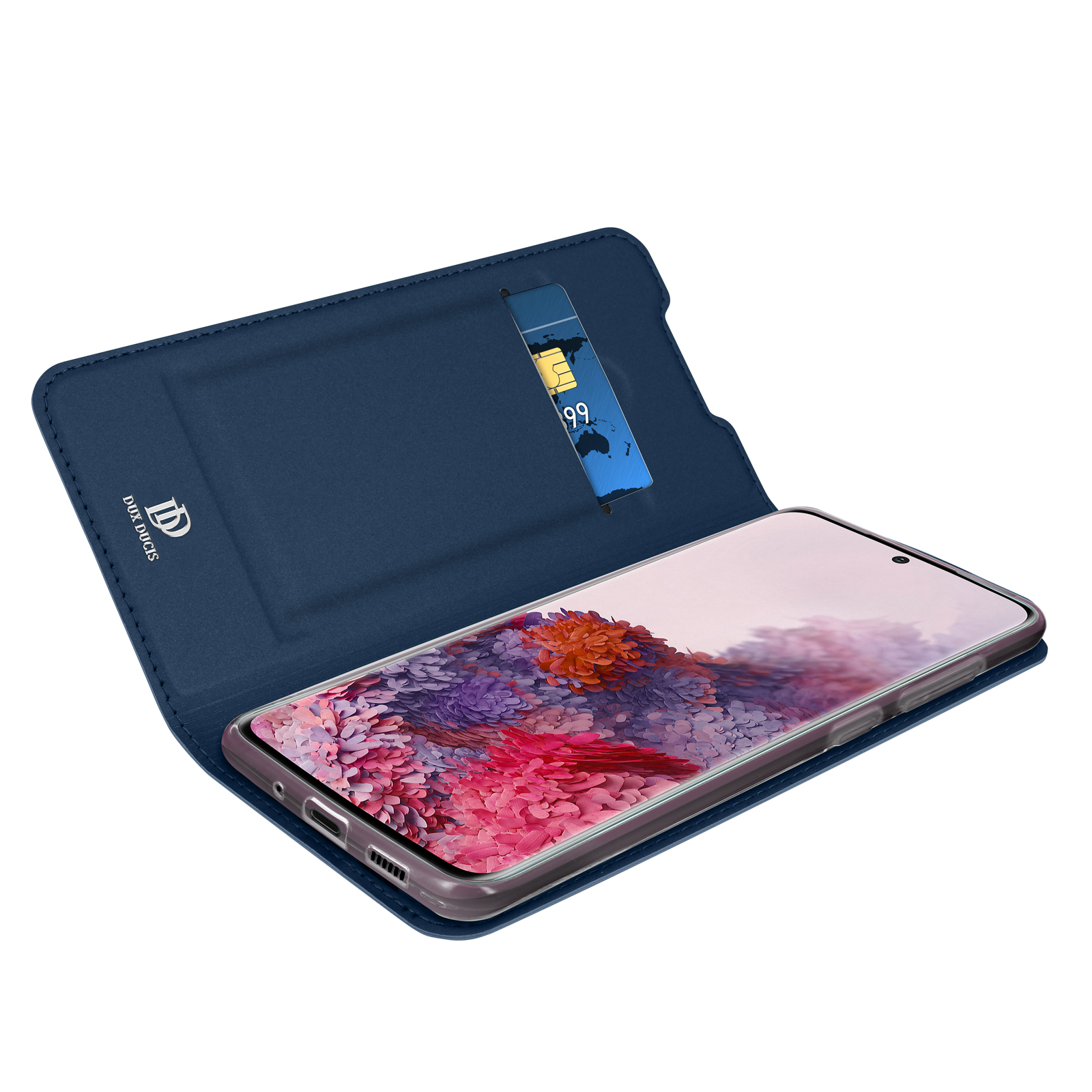 Donkerblauwe flip telefoonhoes met kaart en smartphone met kleurrijke achtergrondafbeeldingen.