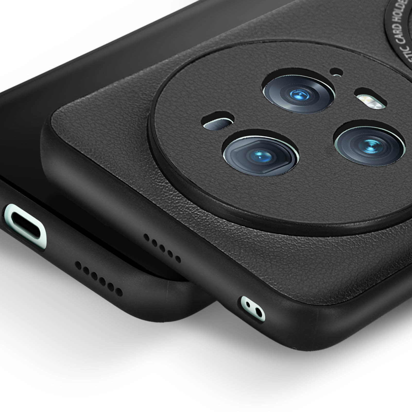 Close-up of a black smartphone back with a circular camera module.