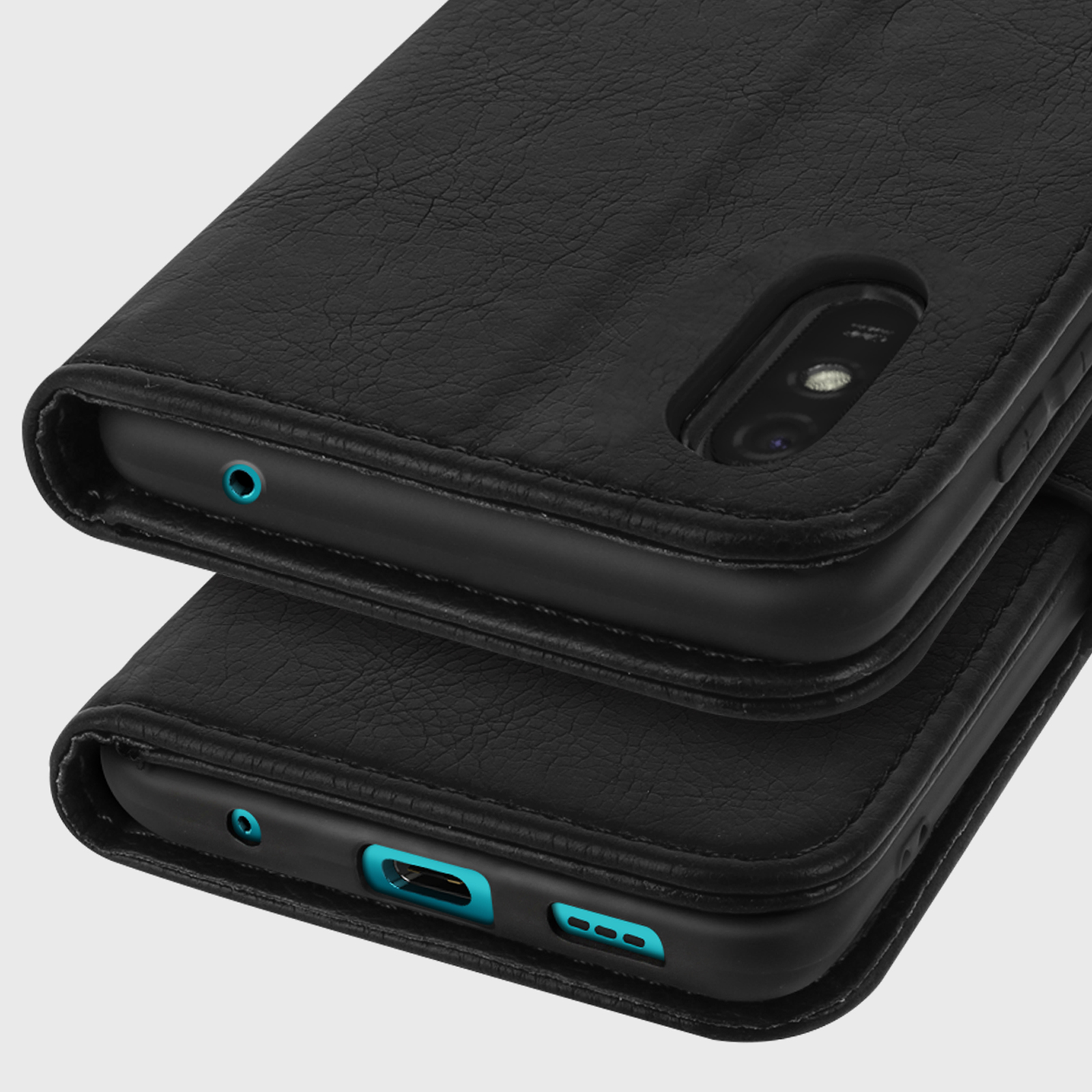 Étui à rabat en cuir noir pour smartphone, montrant caméra et ports.