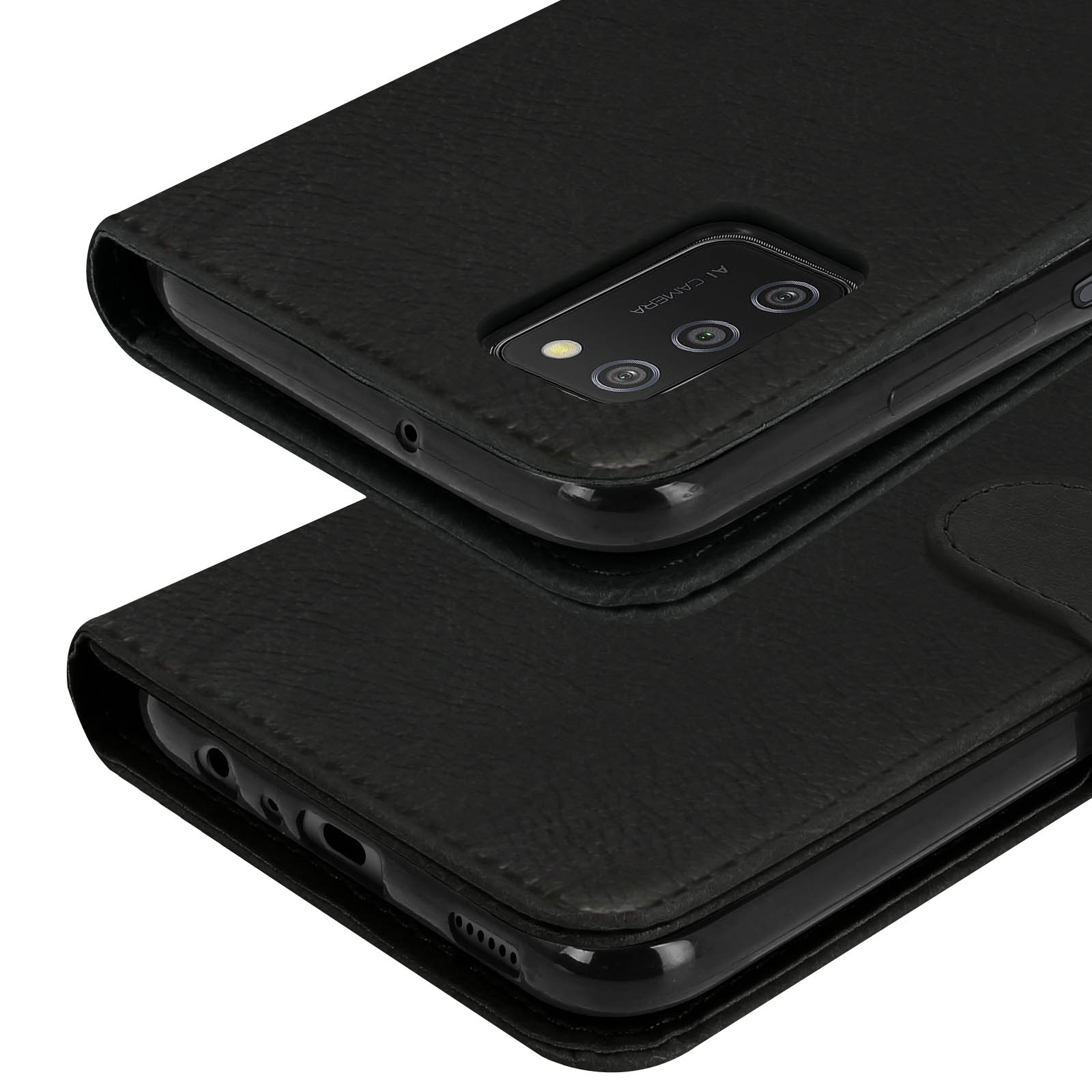 Schwarzes Leder-Flip-Case für ein Smartphone, zeigt Kamera und Anschlüsse.