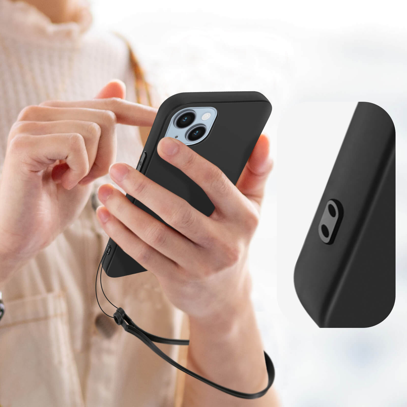 Une personne tient un téléphone noir avec une lanière et un module caméra.