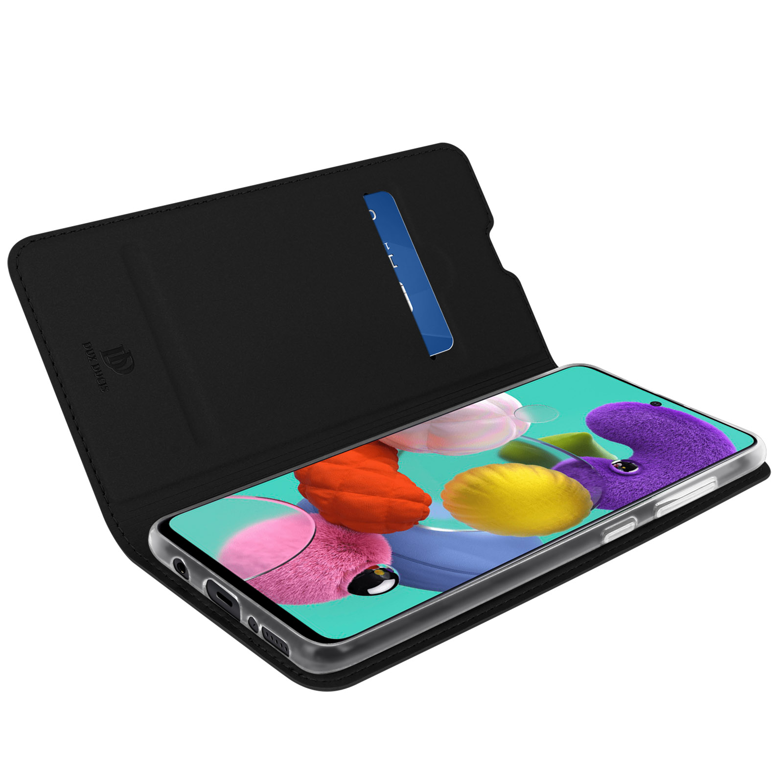 Un étui à rabat noir avec une carte insérée, montrant un smartphone avec un fond d'écran coloré.
