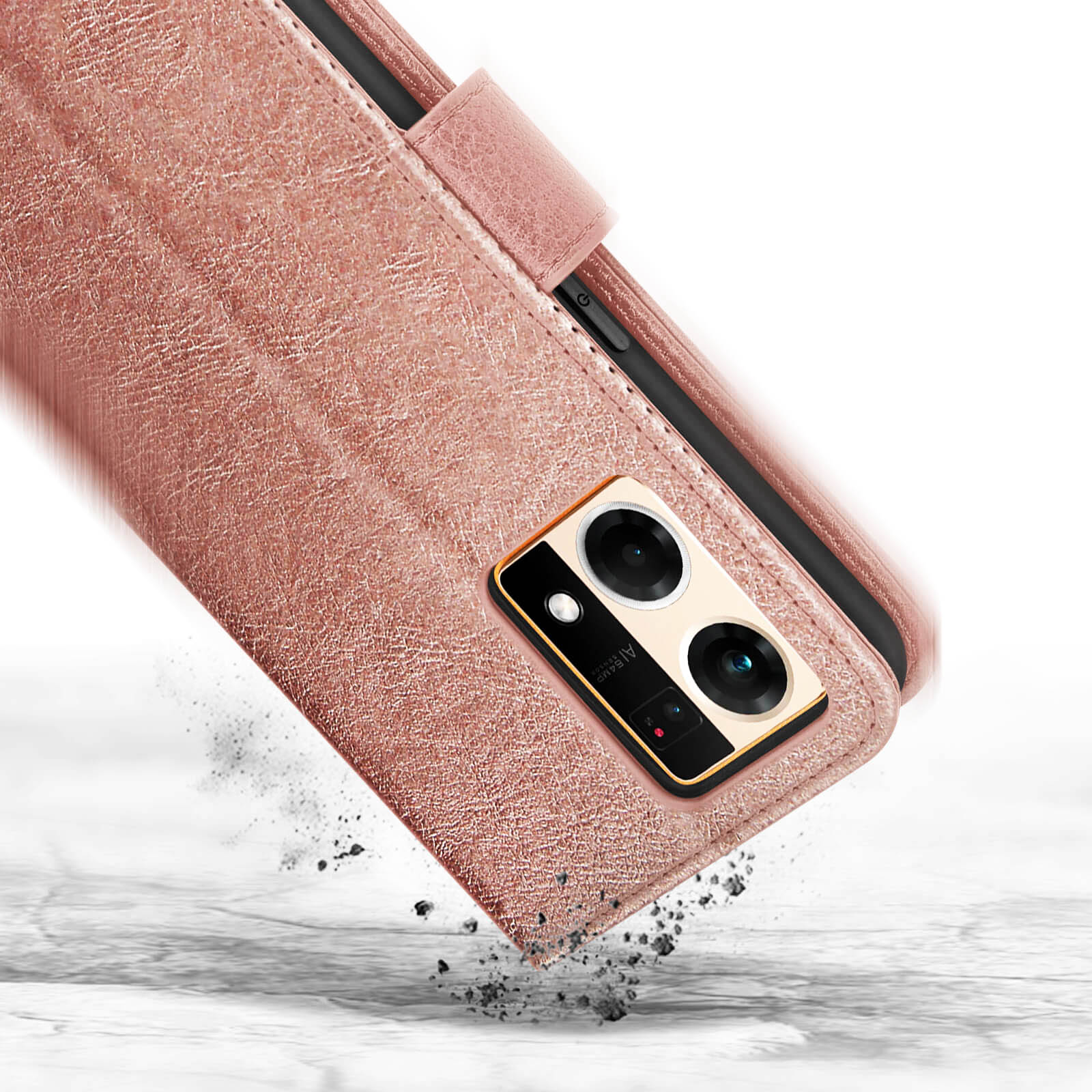 Étui de téléphone rose avec module caméra tombant. Particules de poussière.