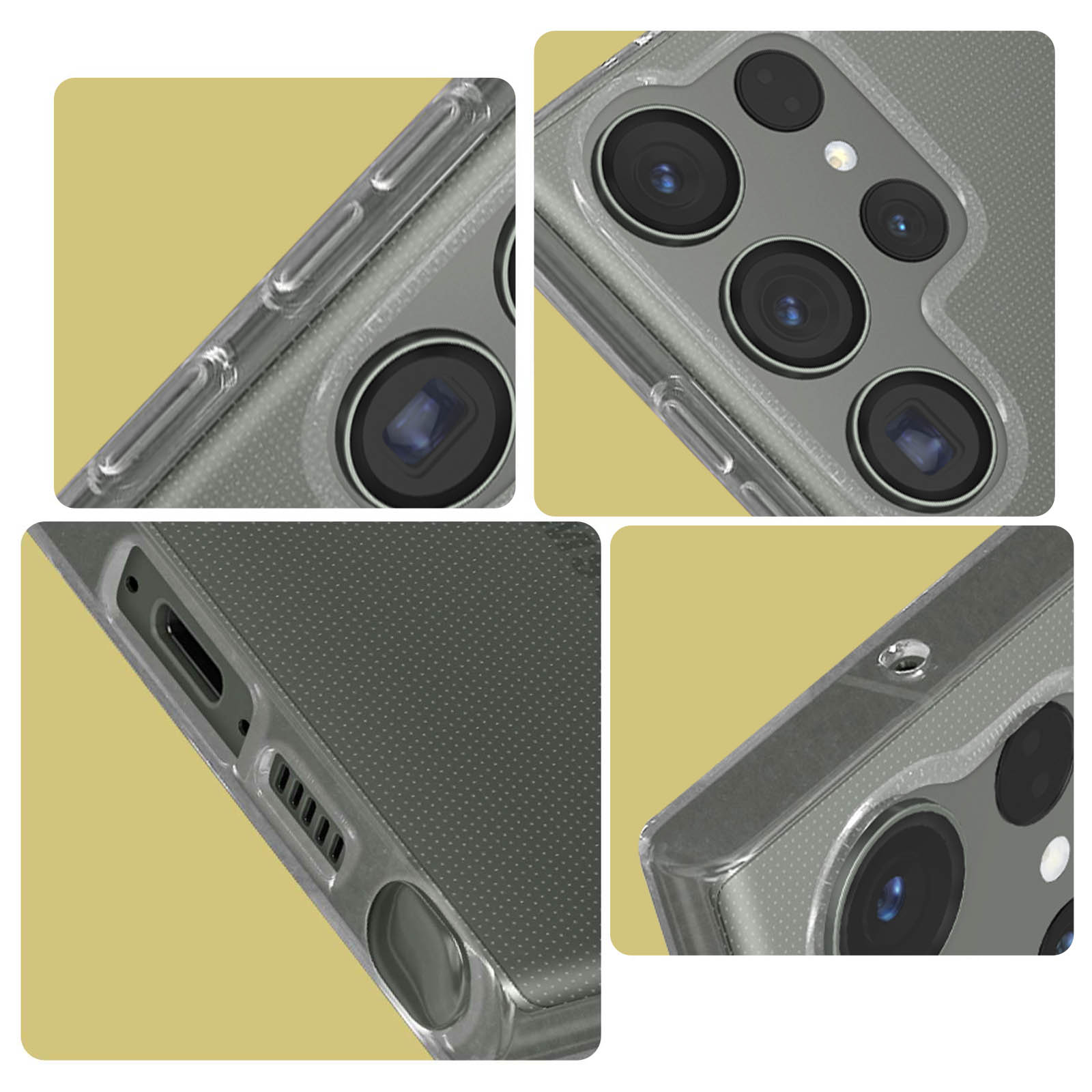 Close-up van een doorzichtige telefoonhoes met camera's en knoppen.