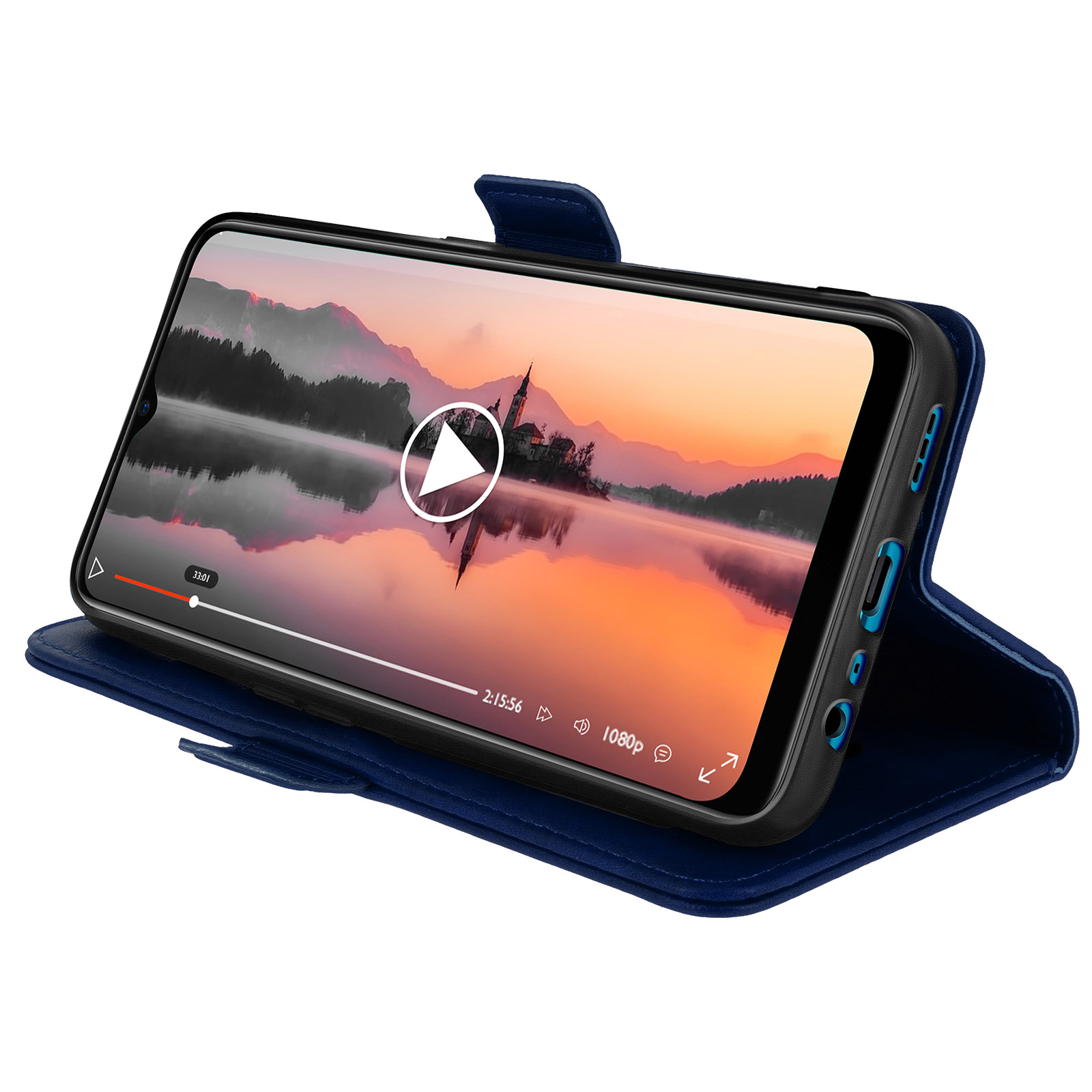 Un téléphone bleu dans un étui affiche une vidéo d'un paysage au coucher du soleil.