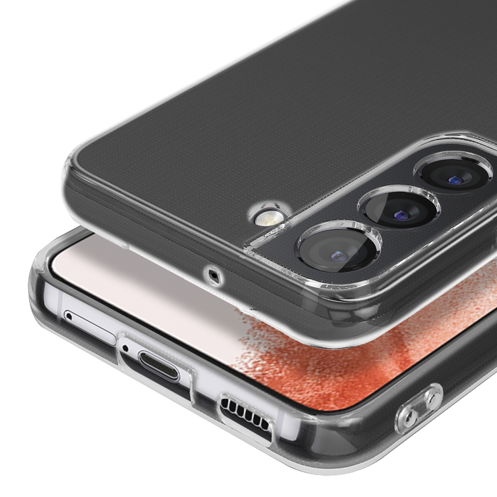 Une coque de téléphone transparente avec trois objectifs et un flash.