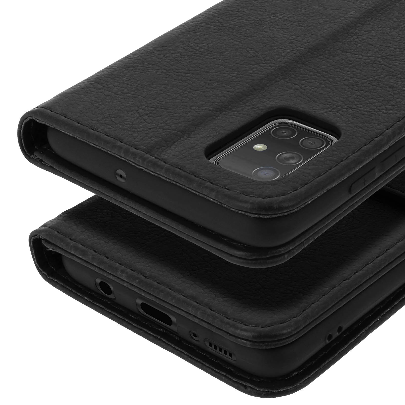 Étui de téléphone à rabat en cuir noir montrant le module caméra.
