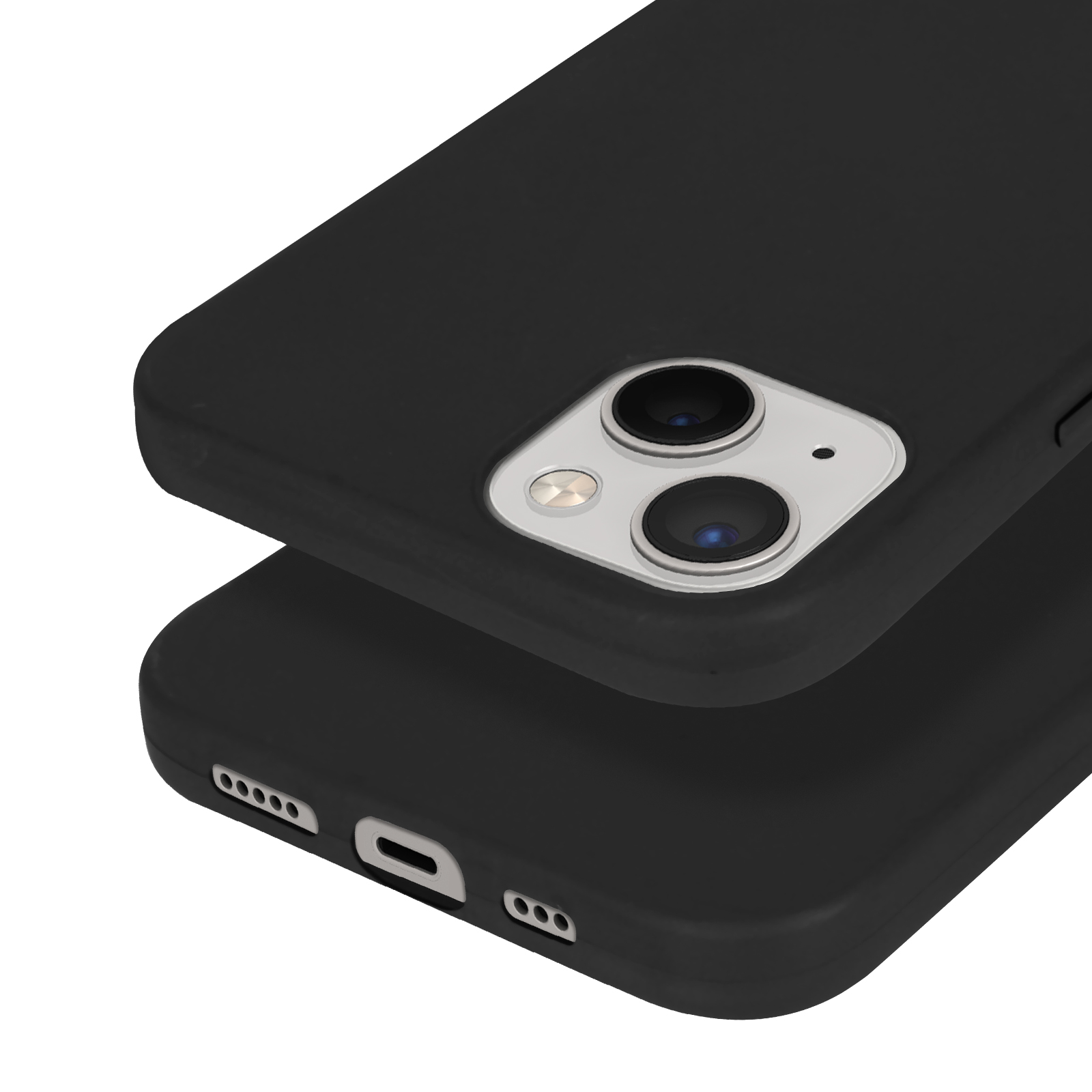 Due custodie per telefono nere. Una impilata sull'altra. Primo piano delle lenti della fotocamera.