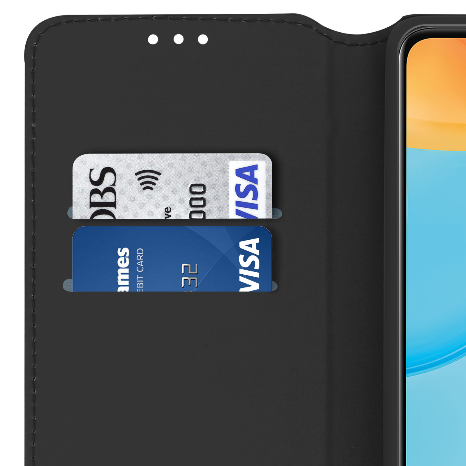 Custodia nera per telefono con due fessure per carte. Una carta mostra il logo DBS, un'altra VISA.