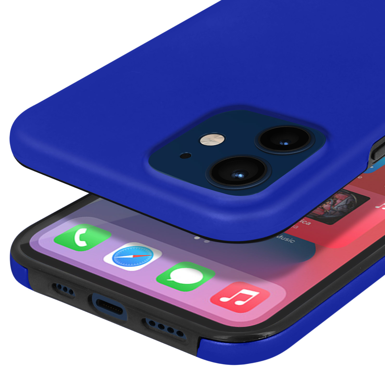 Een blauwe smartphone met twee camera's en app-iconen op het scherm.
