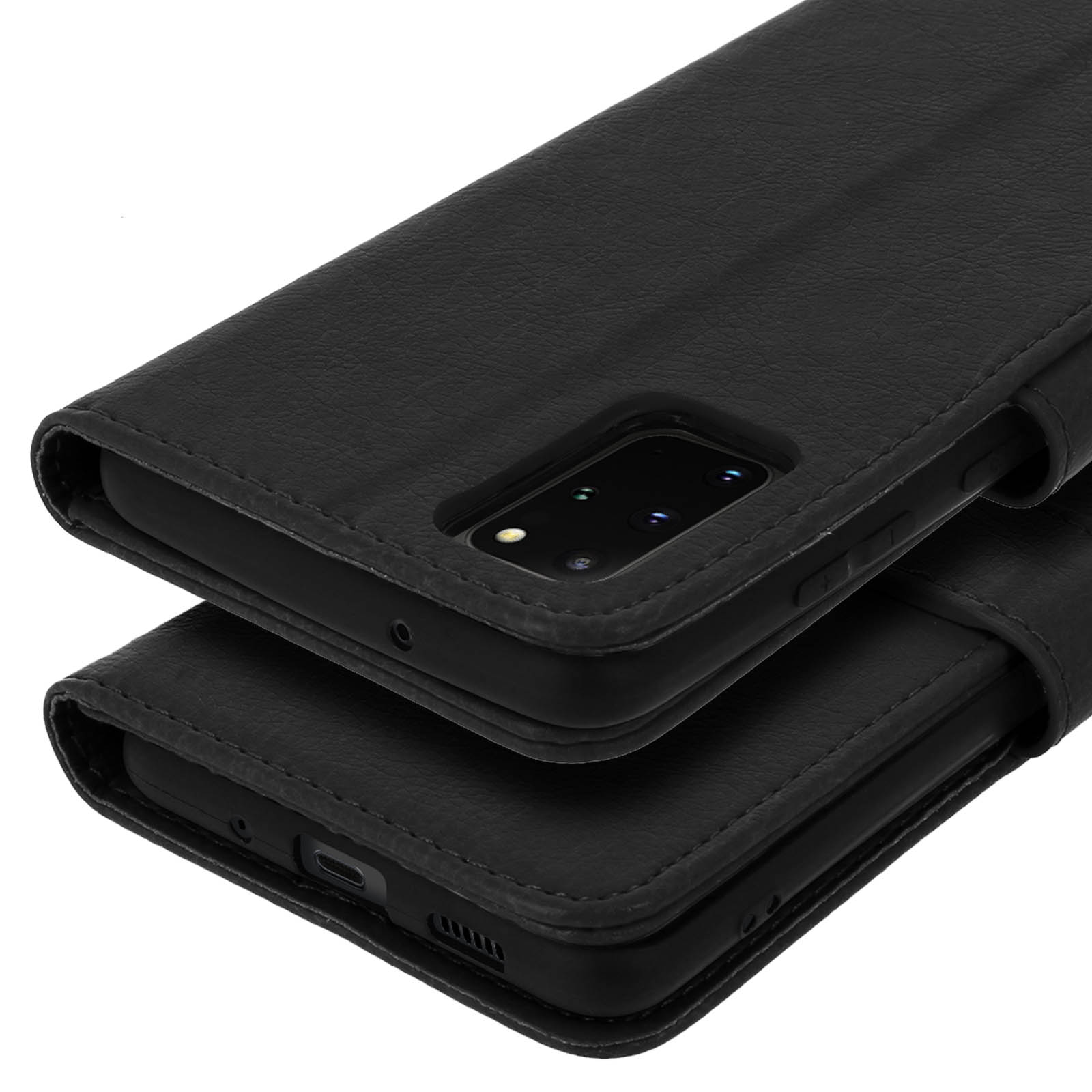 Étui à rabat en cuir noir pour smartphone avec découpe caméra et boutons.