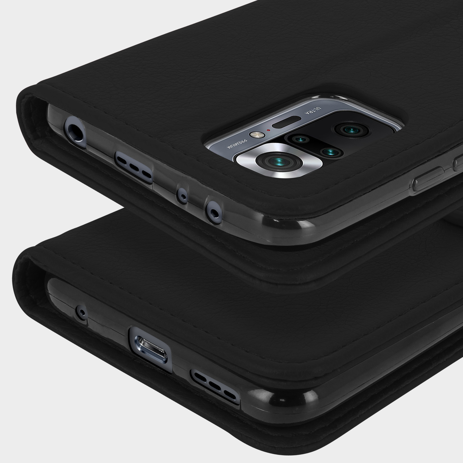 Zwarte lederen telefoonhoes met cameralenzen en poorten.