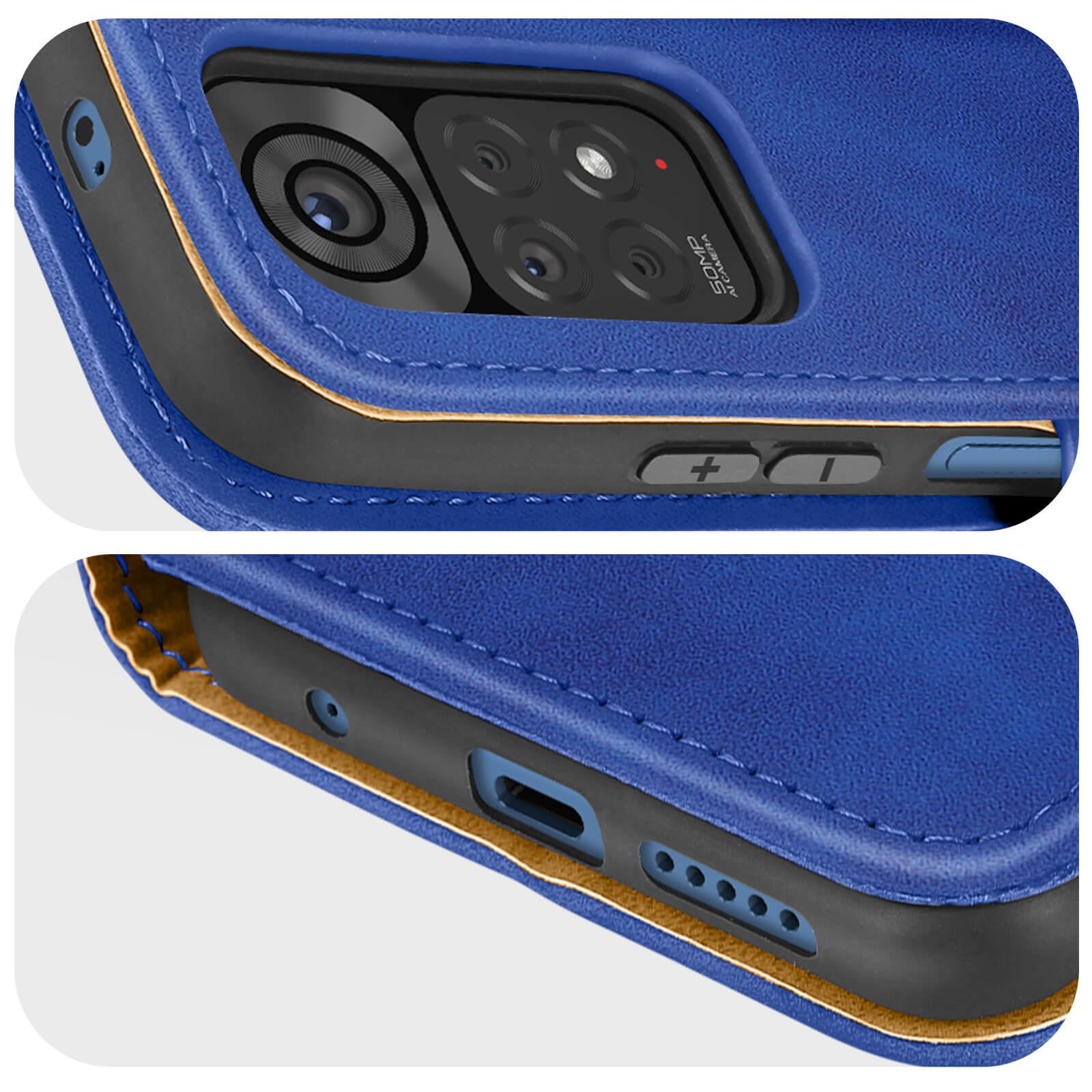Coque de téléphone bleue avec appareil photo et boutons.