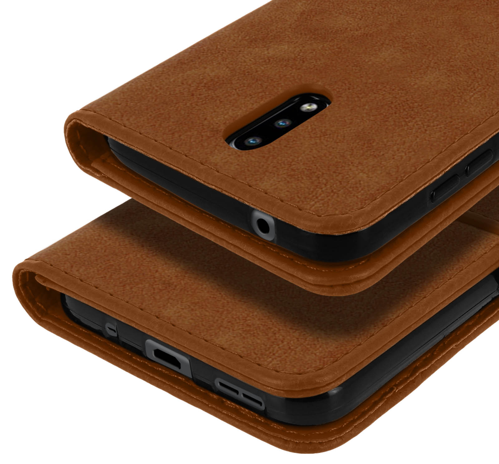 Bruine leren telefoonhoes met stiksels, camera-uitsparing en poorten.