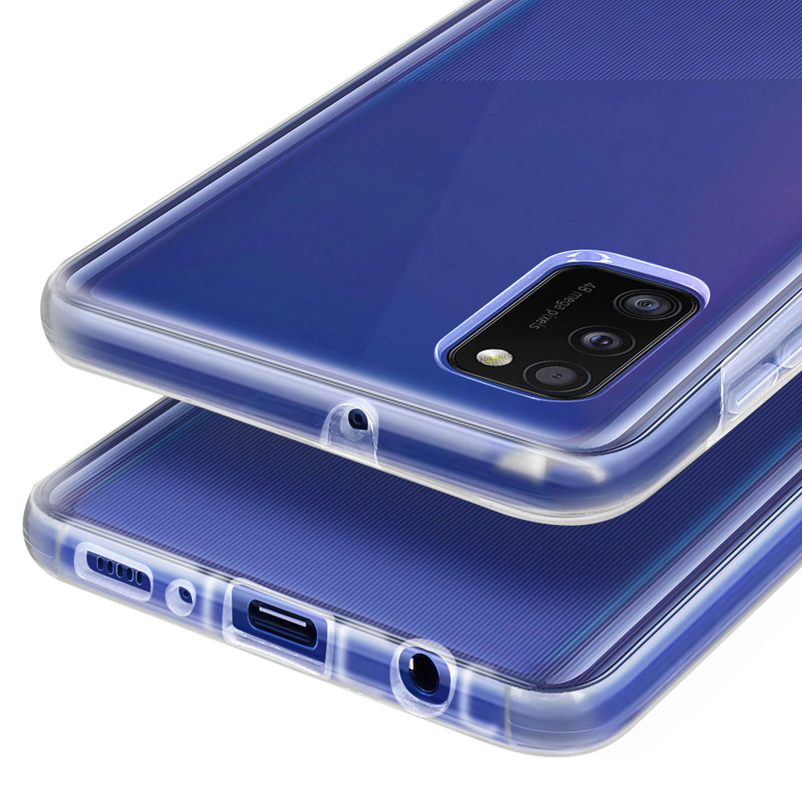 Doorzichtige hoes op blauwe telefoon, met camera en poorten.