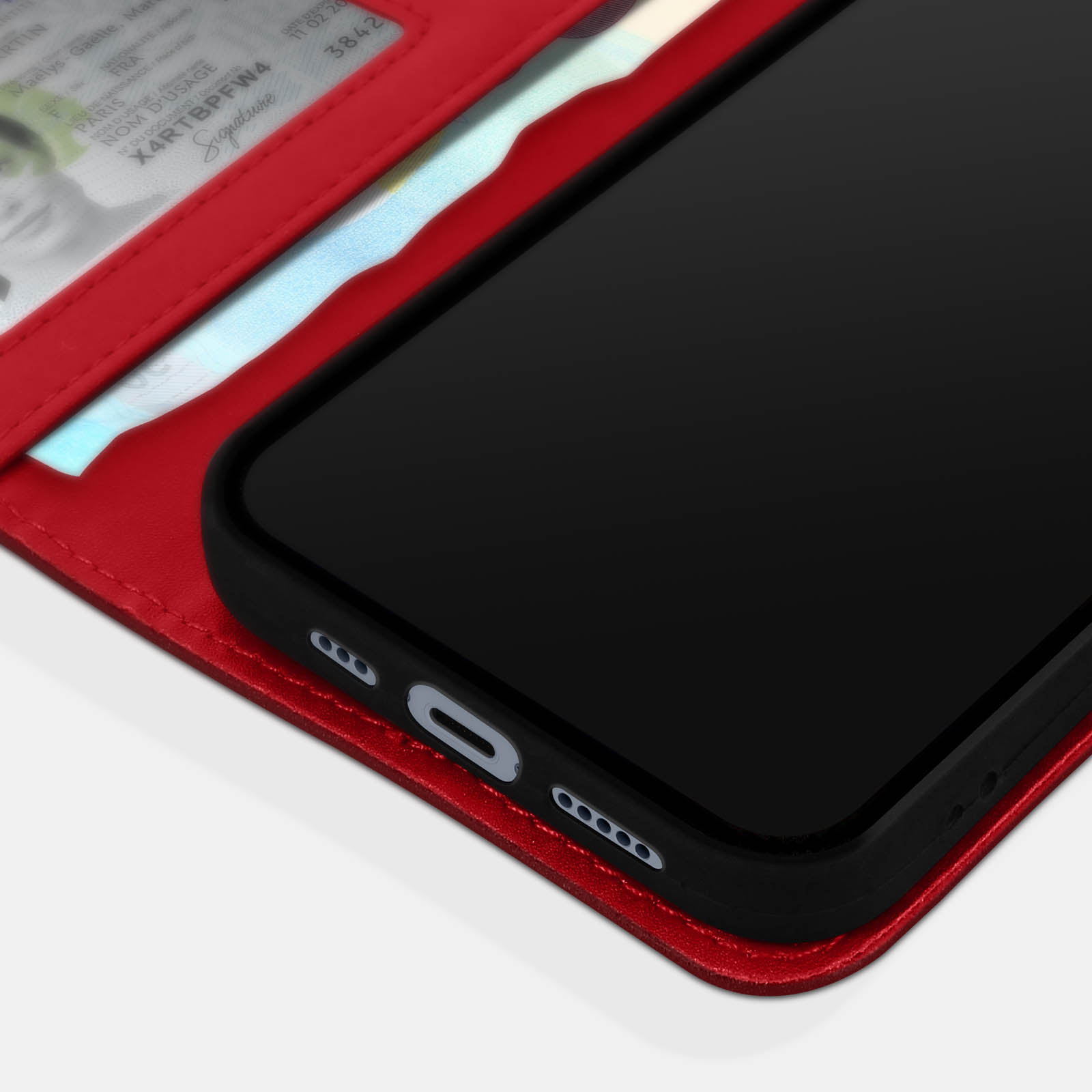 Rood leren portemonnee-hoesje met telefoon. ID-gegevens zichtbaar.