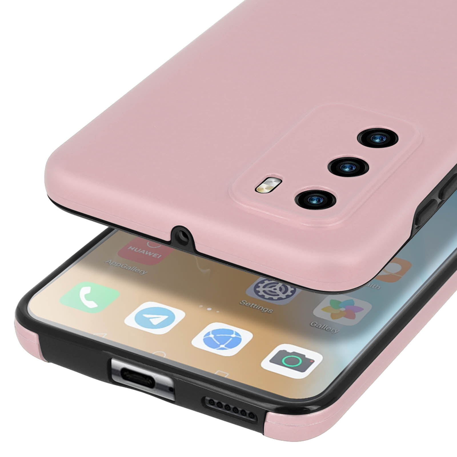 Een roze telefoonhoesje bedekt de achterkant van een smartphone met drie camera's.