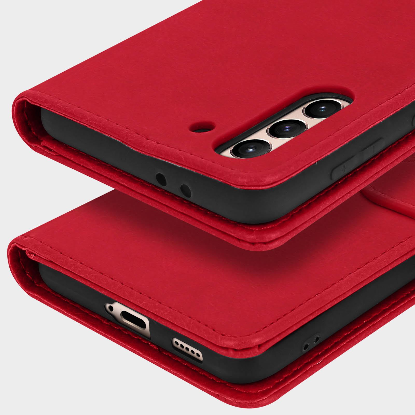 Custodia rossa per telefono con tre lenti e porte.