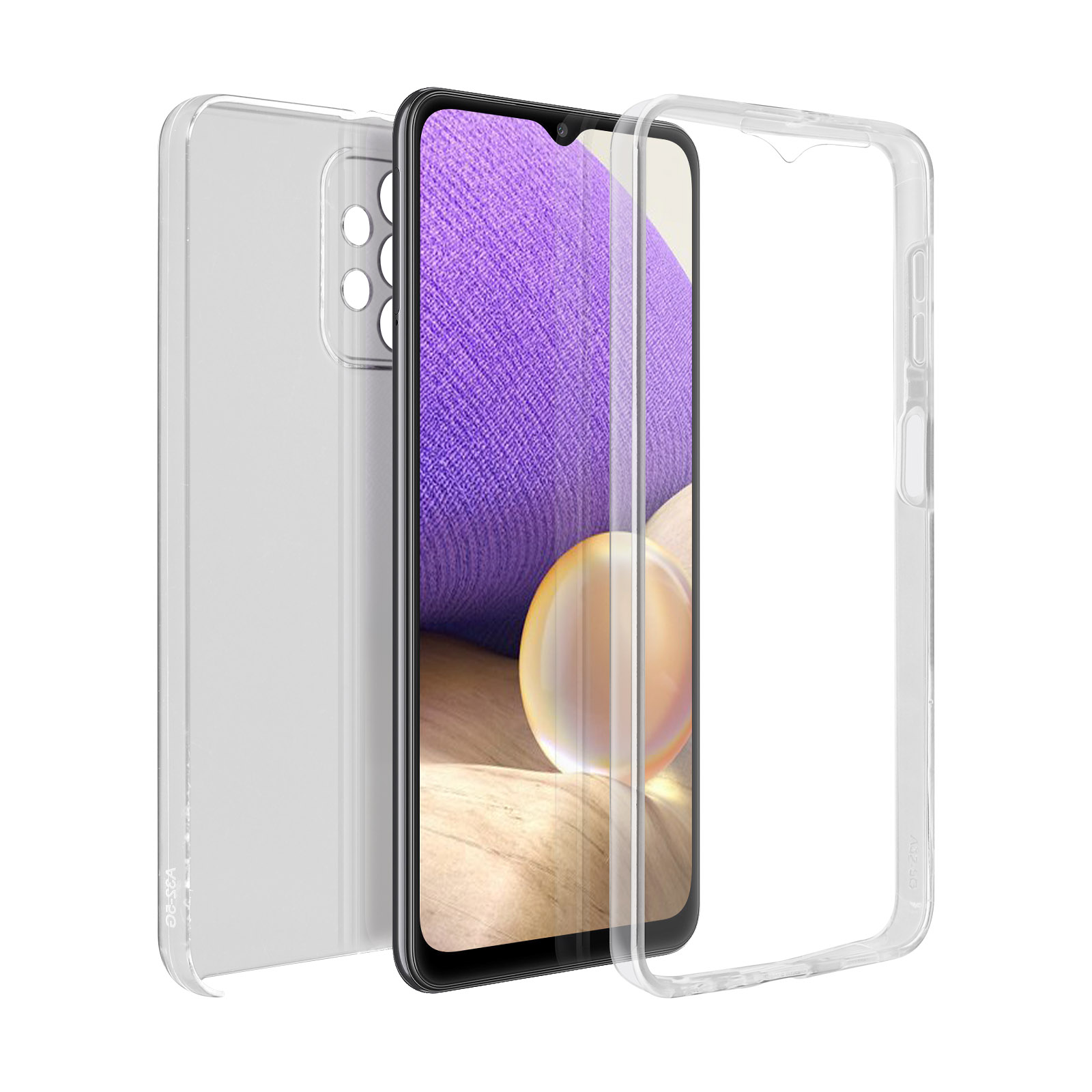 Une coque de téléphone transparente devant un téléphone à fond d'écran violet.