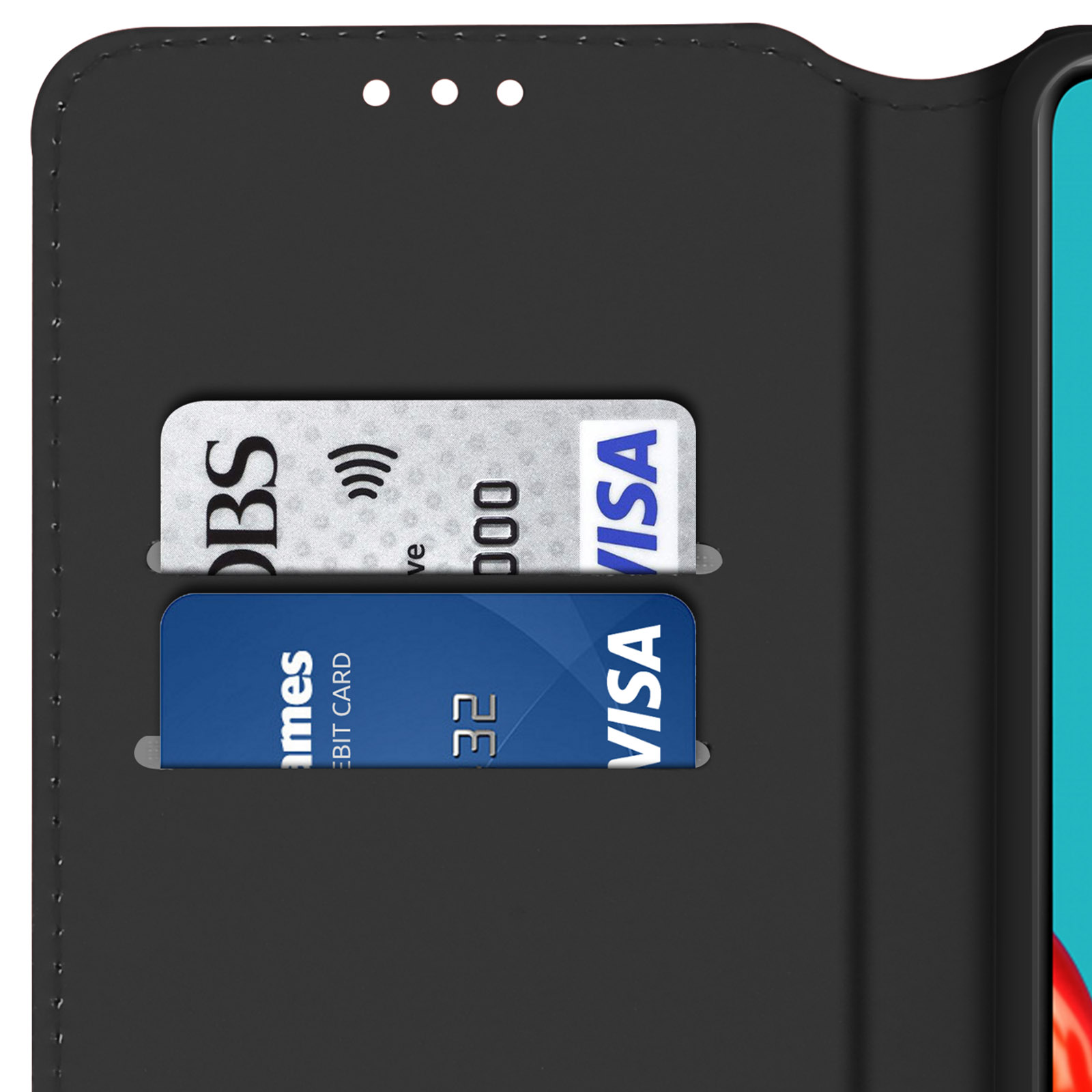 Custodia nera per telefono con due fessure per carte, una con DBS, l'altra con Visa.