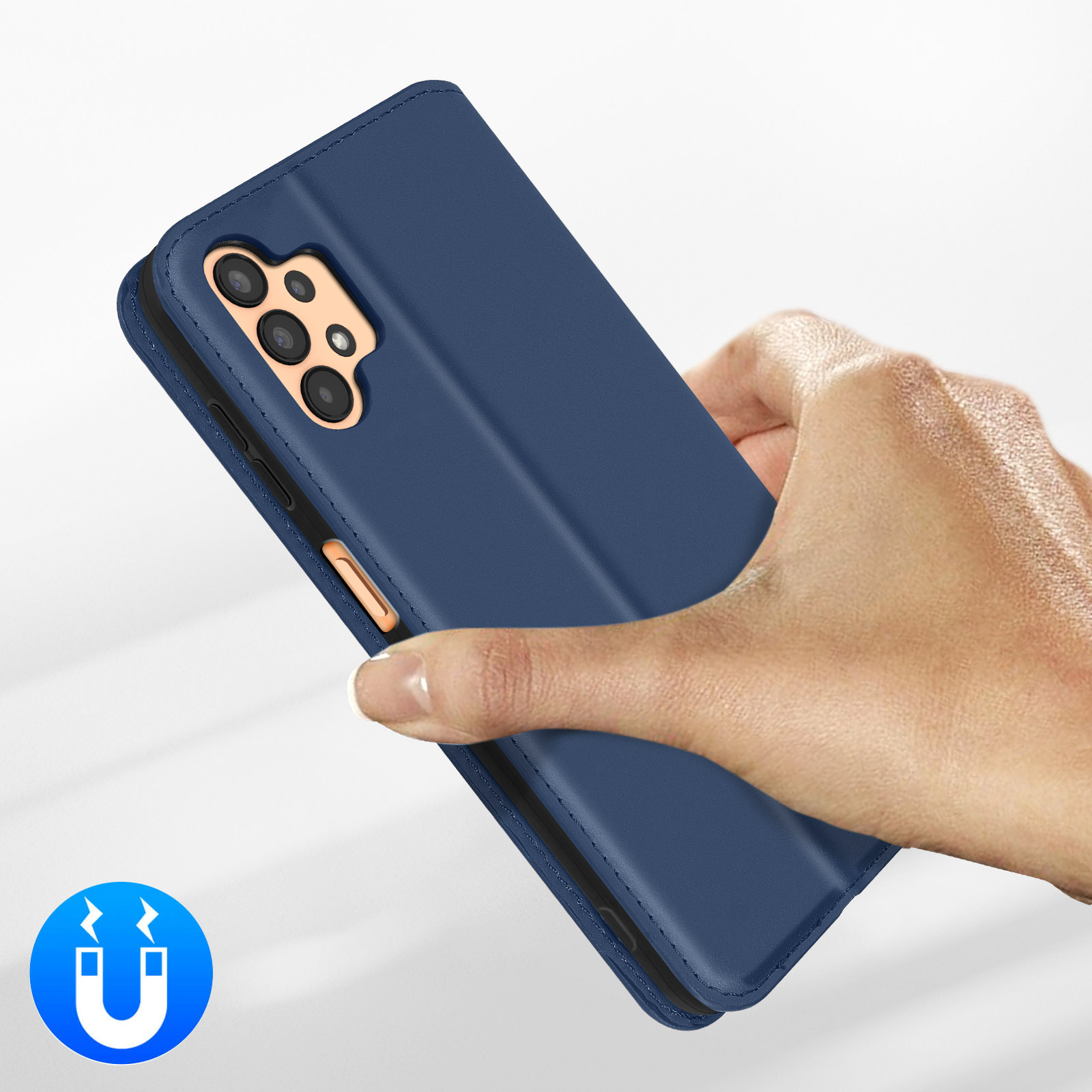 Blauw telefoonhoesje met magneeticoon. Een hand houdt het hoesje vast.