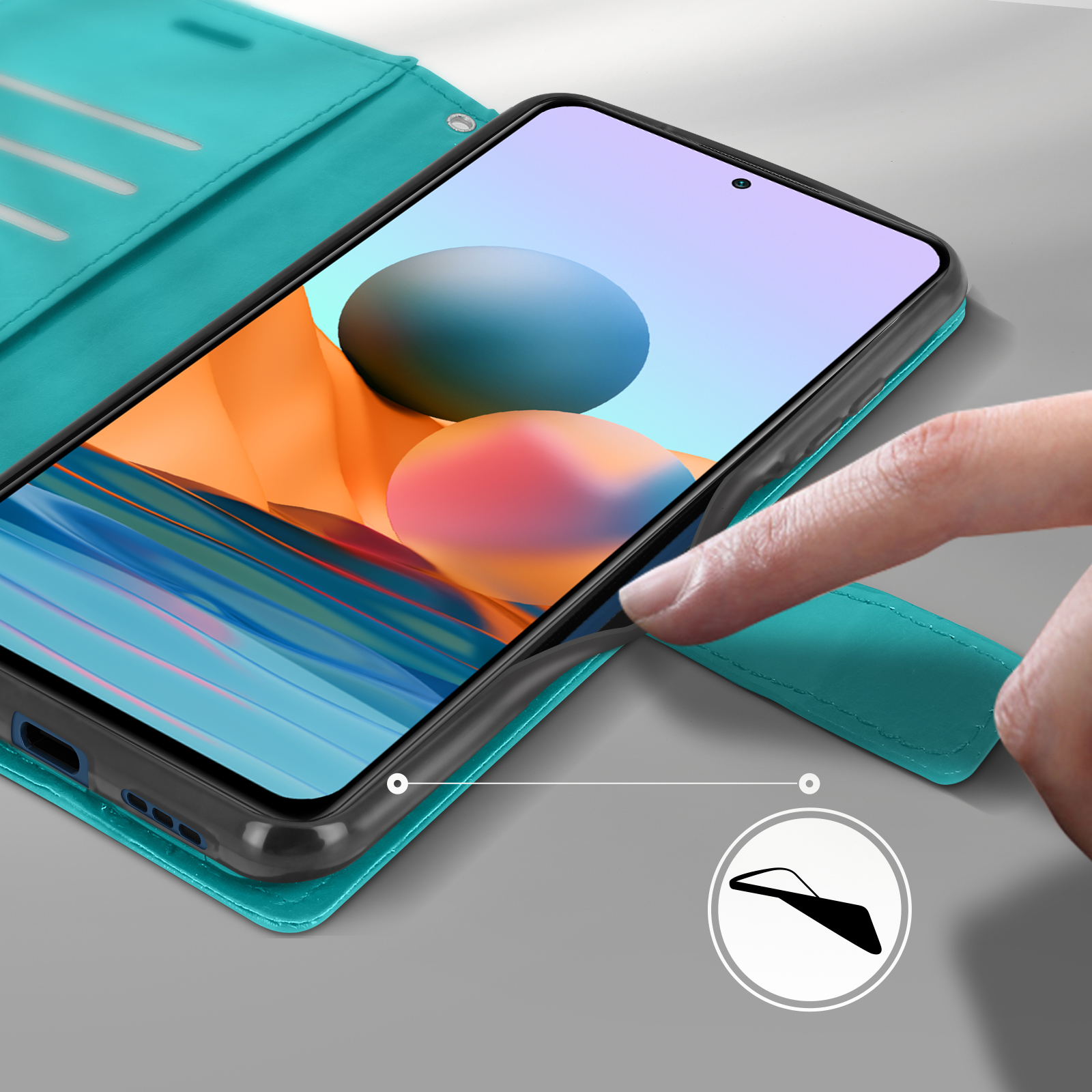 Una mano tocca uno smartphone in una custodia turchese. Icona mostra una custodia.