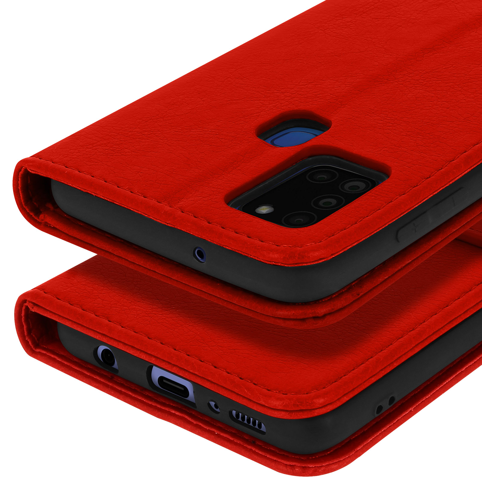Étui rouge en cuir pour téléphone, montrant caméra et ports.