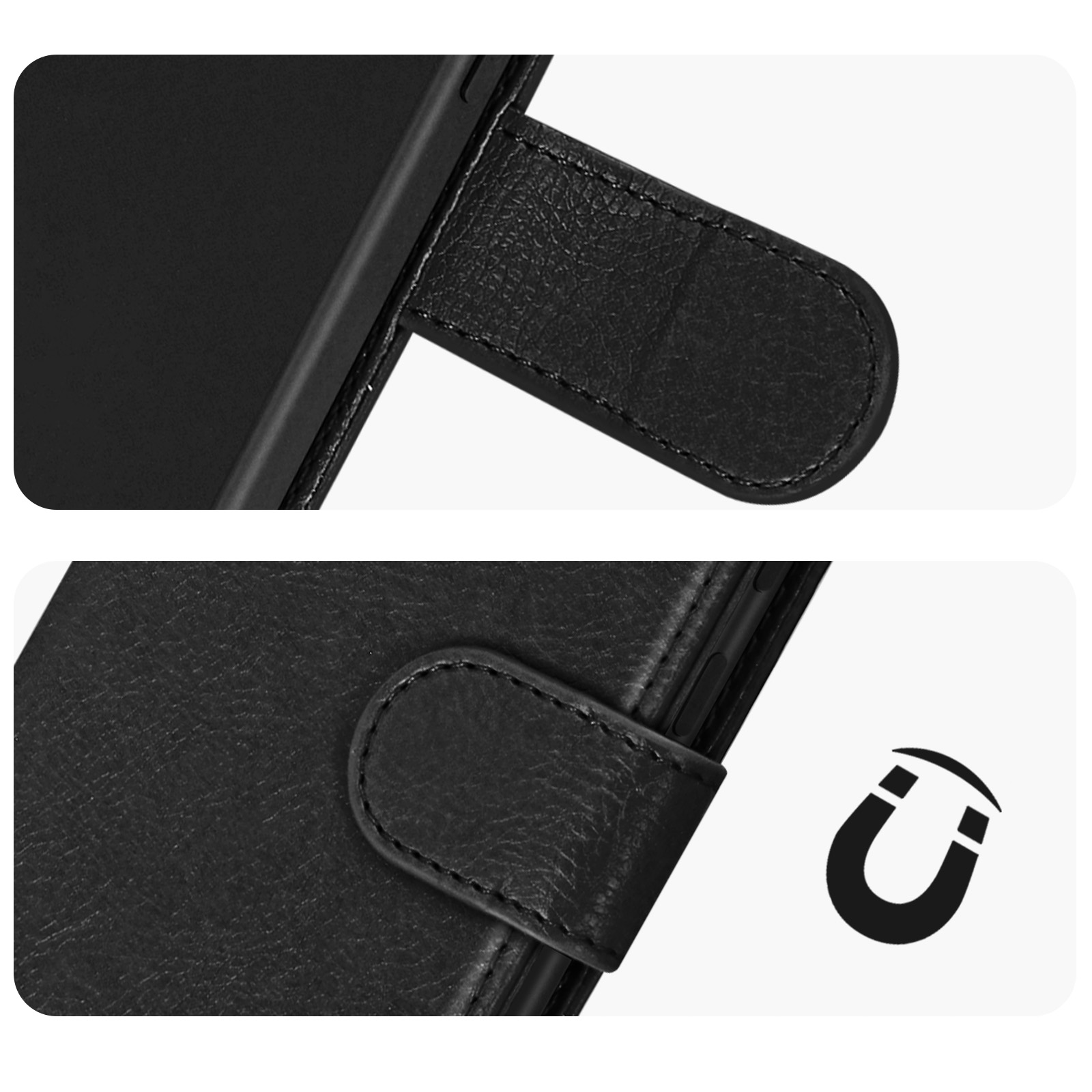 Zwarte lederen hoes met magnetische sluiting en gestileerd magneet-icoon.