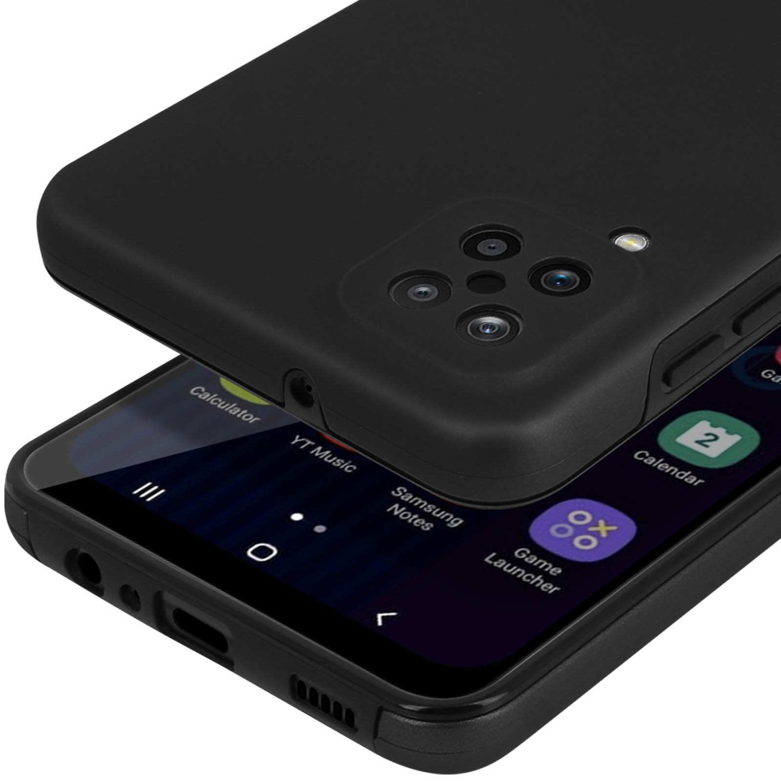 Een zwarte telefoonhoes bedekt de camera-array aan de achterkant van een smartphone met app-pictogrammen.