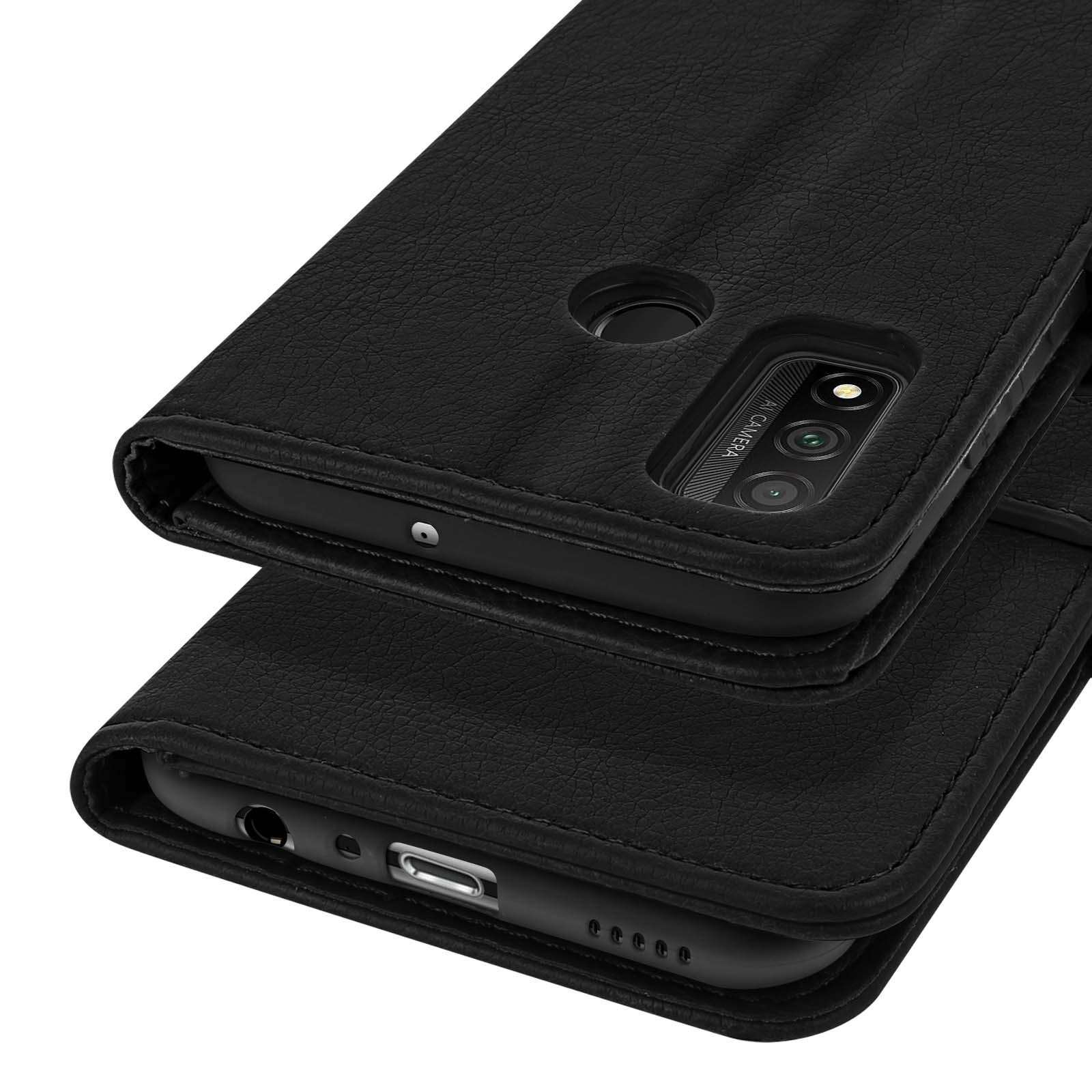 Étui à rabat en cuir noir pour smartphone avec appareil photo et ports visibles.