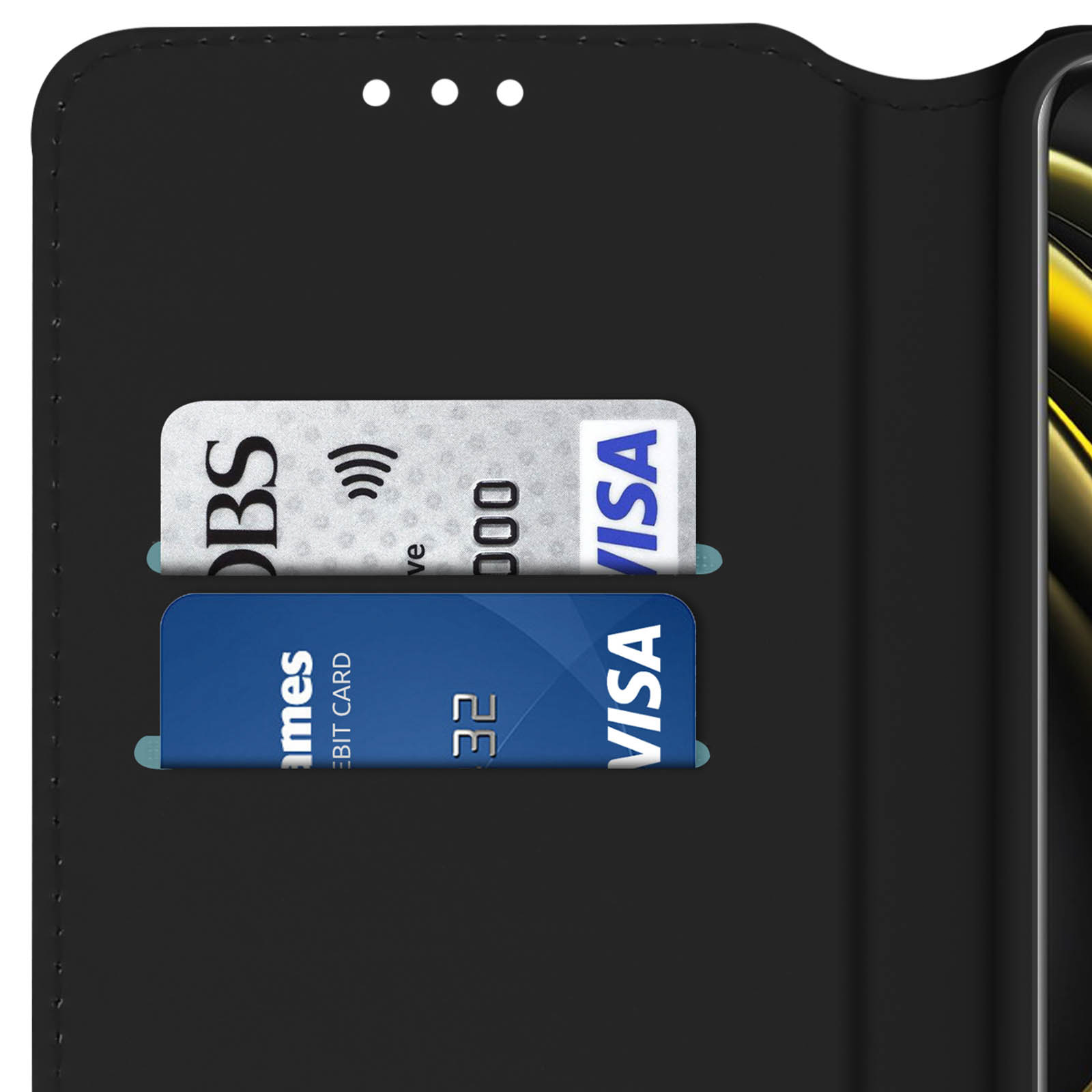 Un portafoglio nero con due fessure per carte mostra due carte.