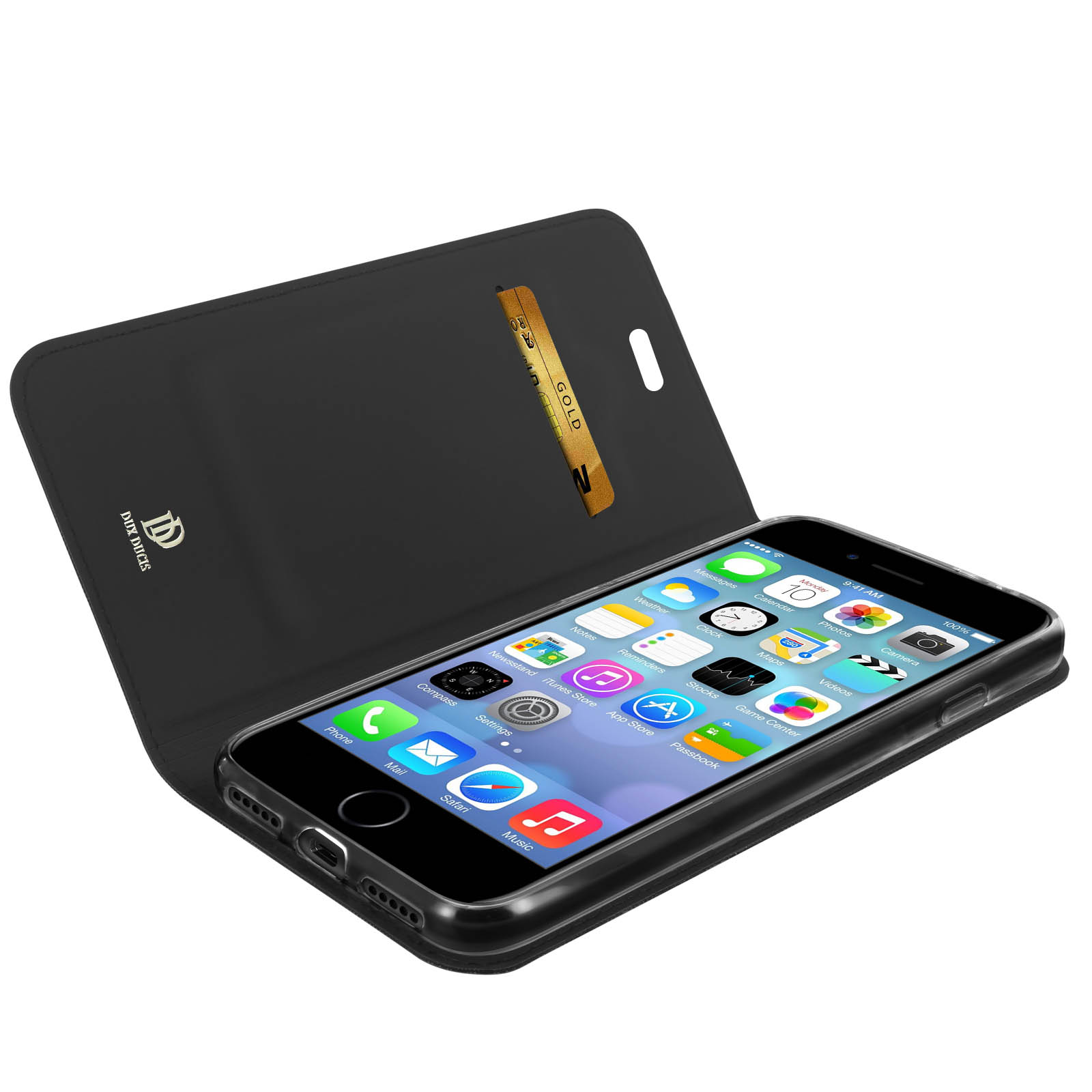 Een zwarte iPhone met de hoes open, met een kaarthouder zichtbaar.