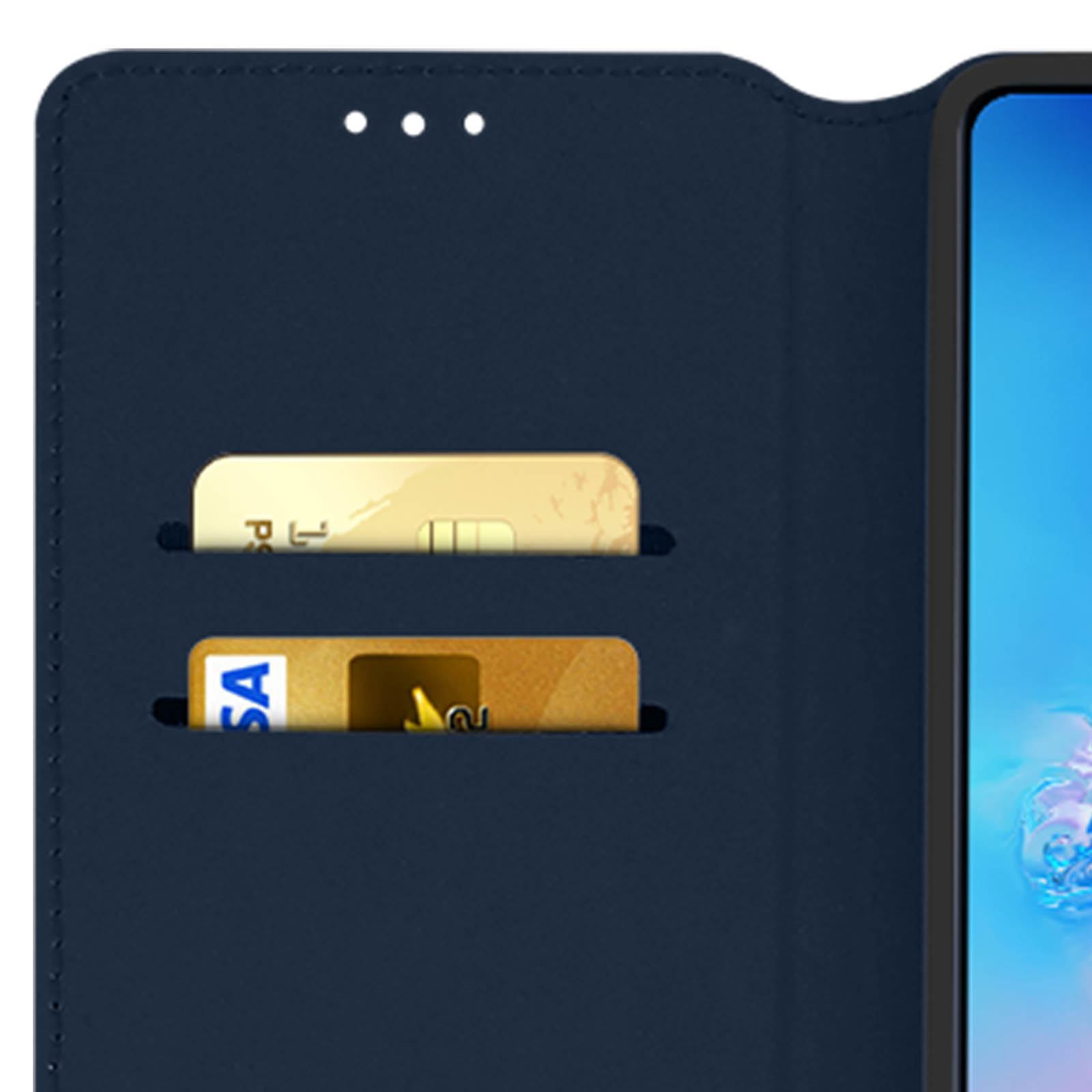 Custodia blu scuro per telefono con due fessure per carte visibili.