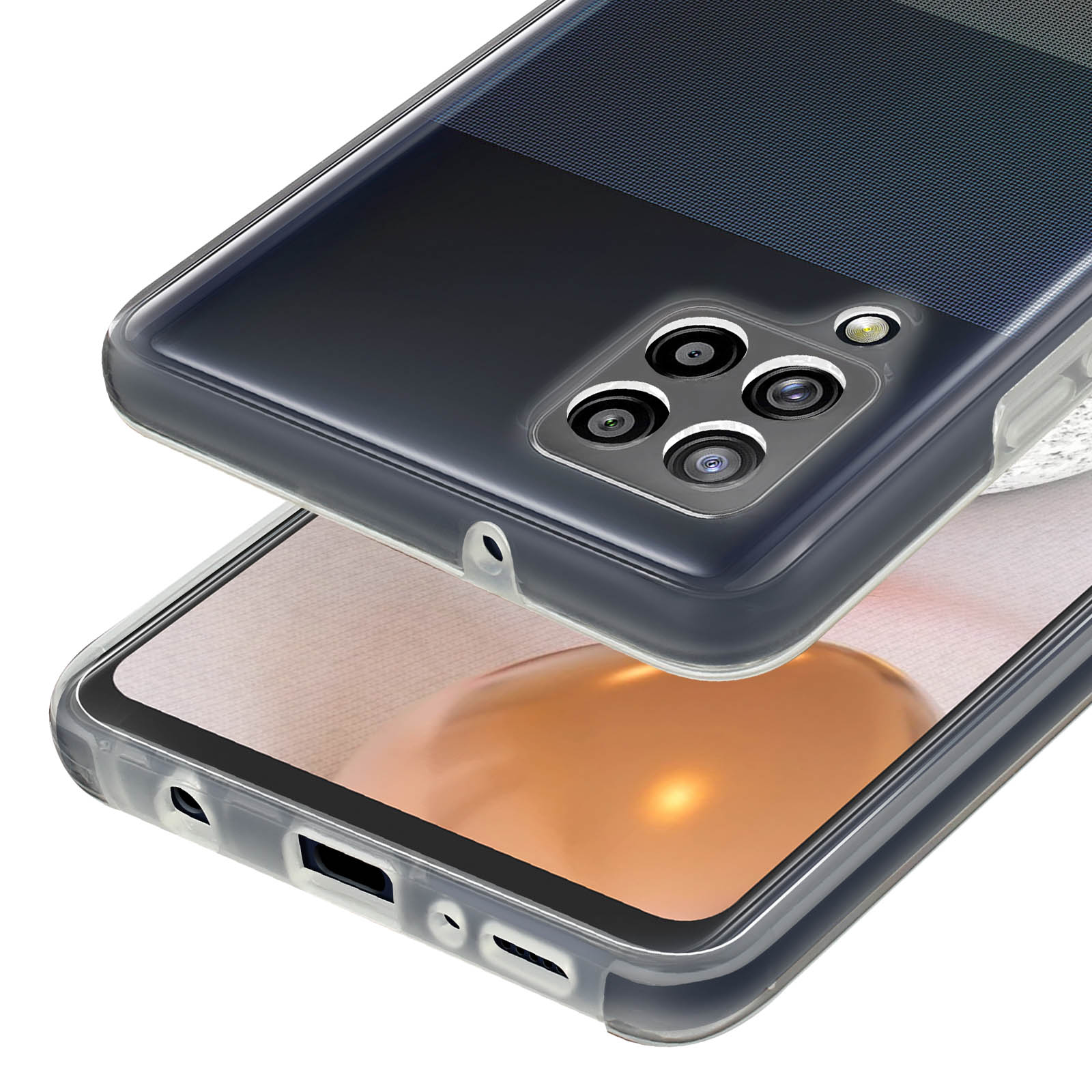 Una custodia trasparente per telefono con quattro obiettivi.