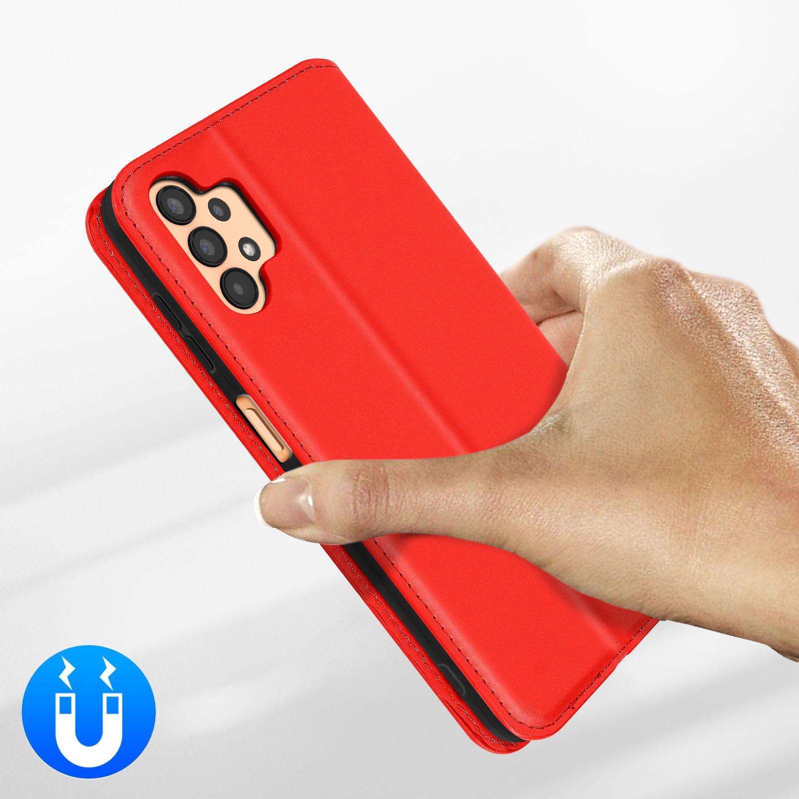Rode telefoonhoes met magneeticoon vastgehouden door een hand.