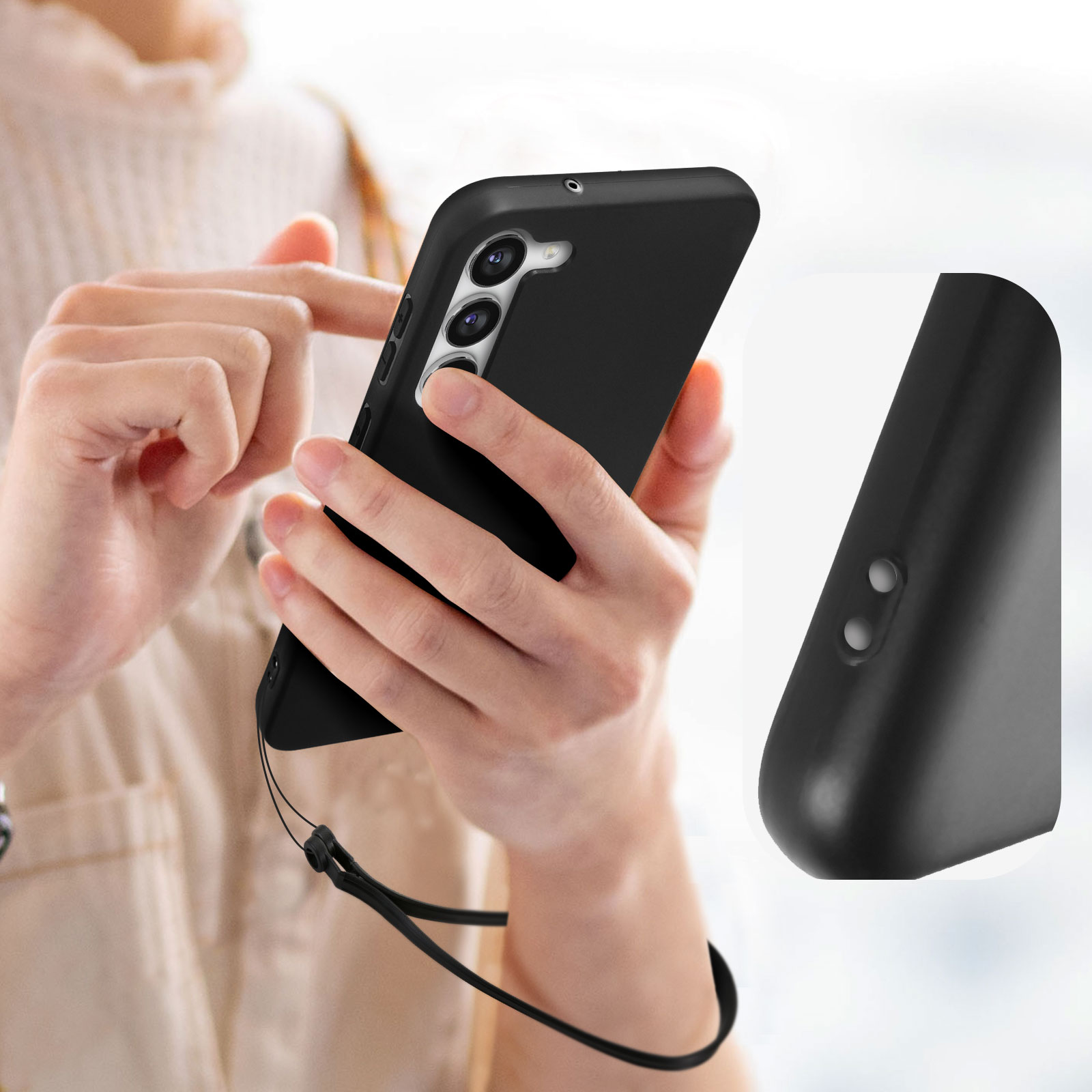 Mains tenant un téléphone noir avec lanière. À côté, un gros plan d'une coque noire.