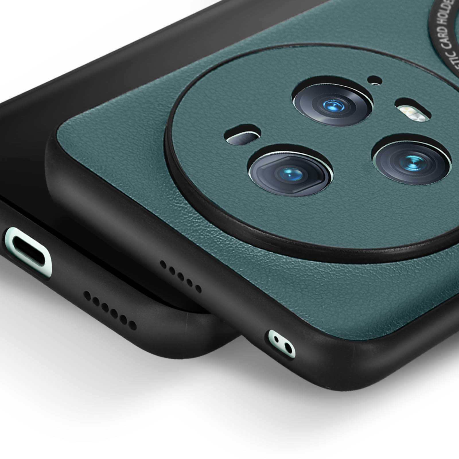 Close-up of a phone case with three camera lenses and a teal textured surface.