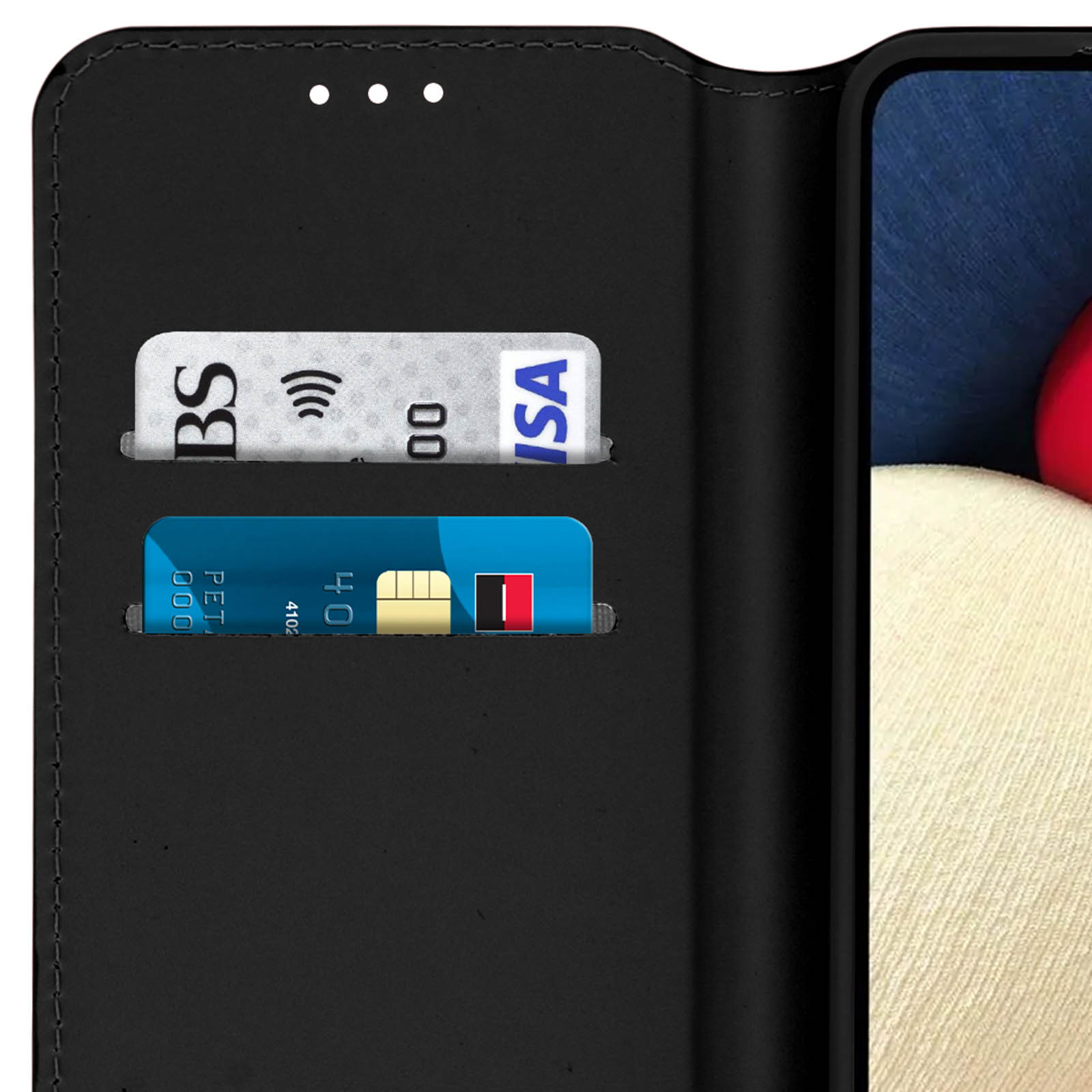 Custodia a portafoglio nera con due fessure per carte.