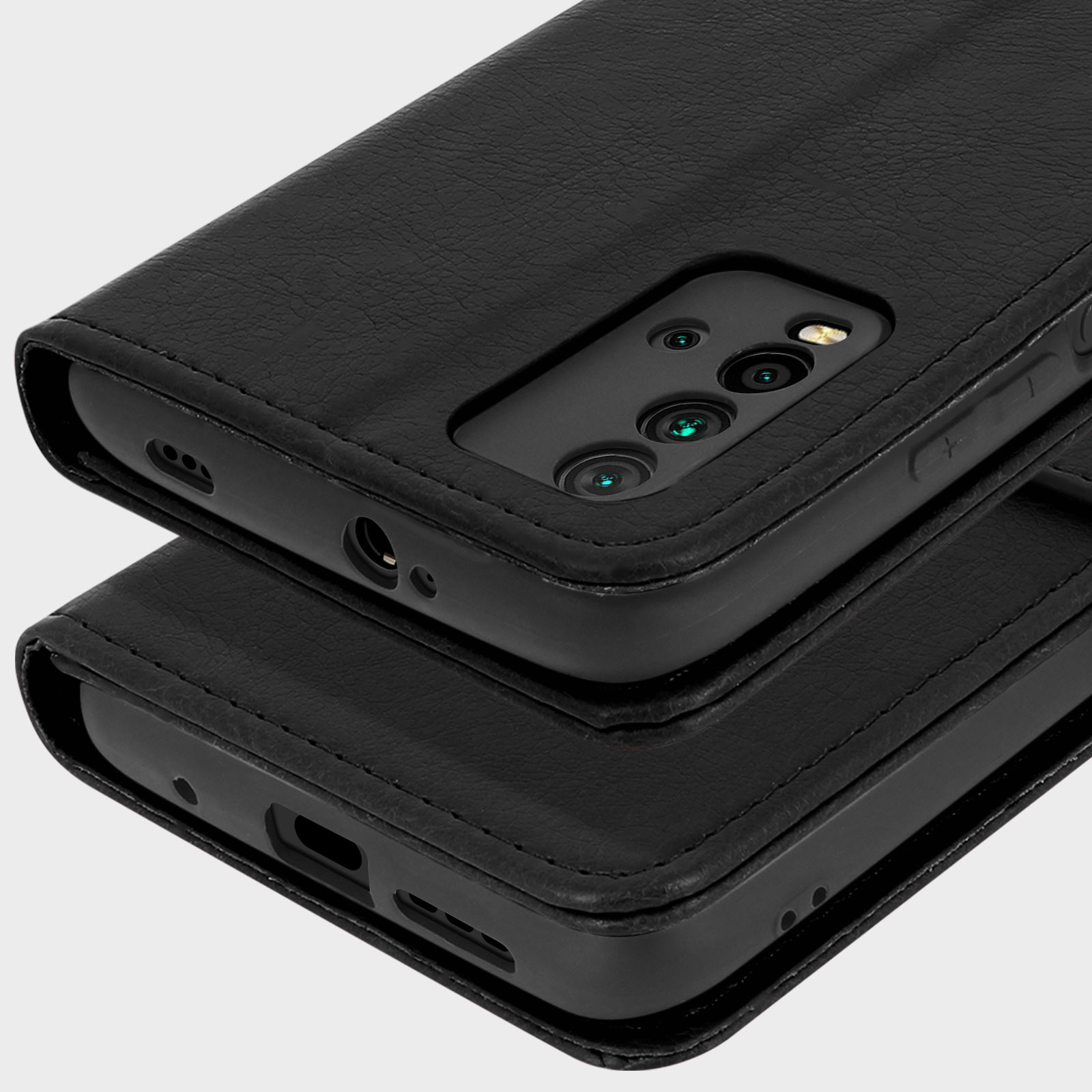 Étui de téléphone noir en cuir avec découpe caméra et coutures.