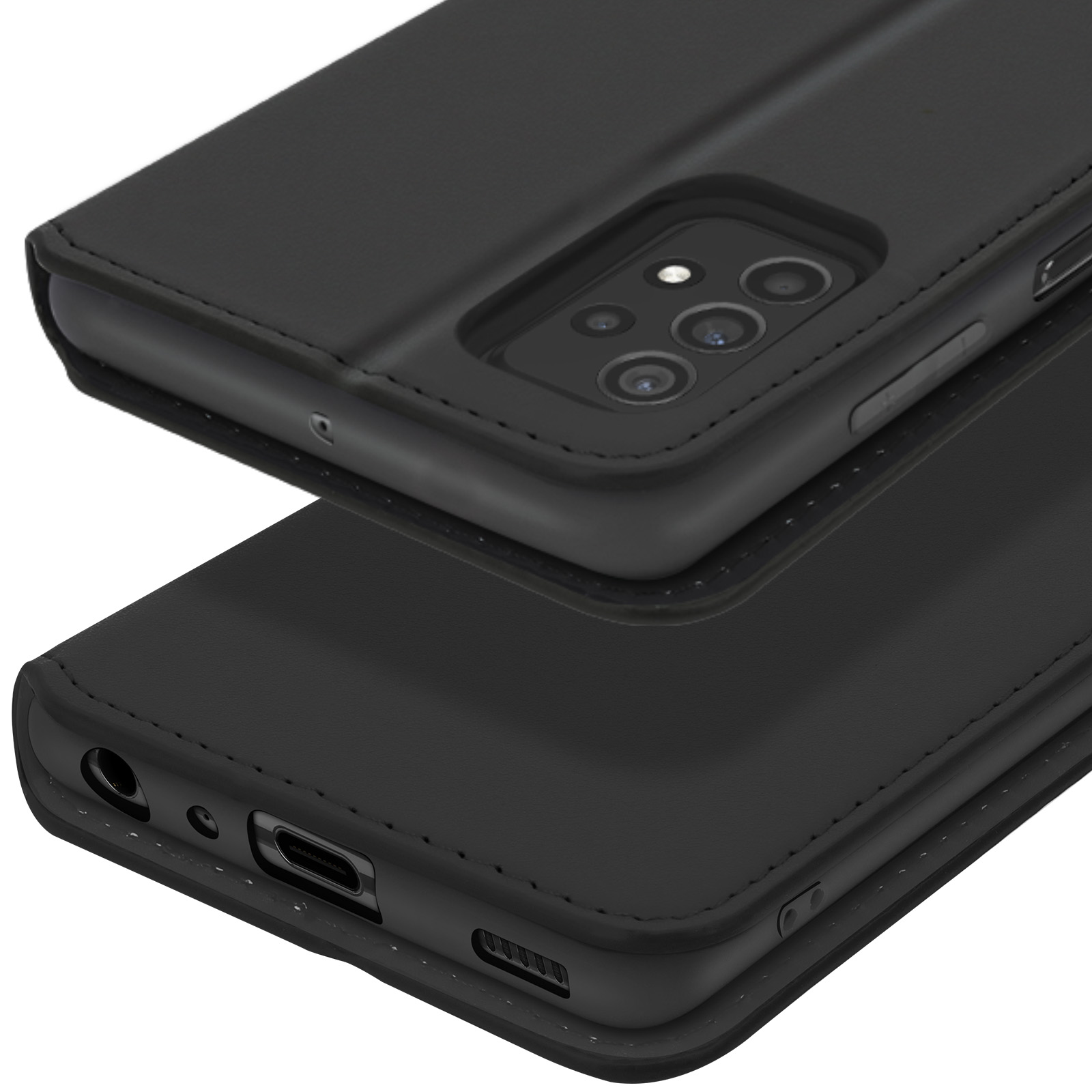 Téléphone portable noir avec étui à rabat montrant des objectifs de caméra et un port de charge.