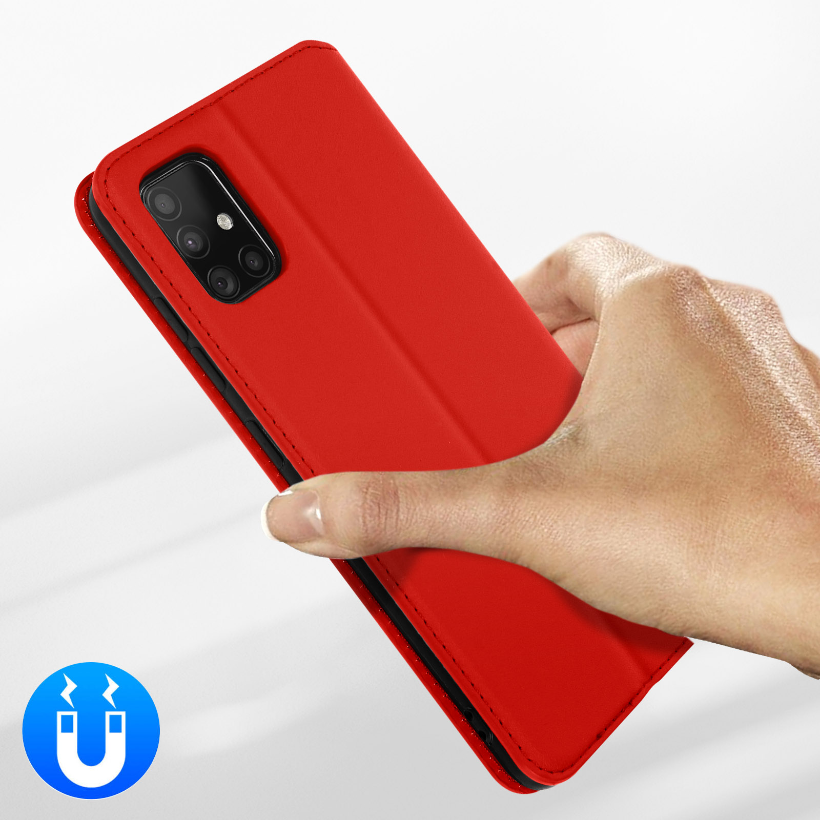 Rote Handyhülle mit Magnet-Symbol im Blaukreis.