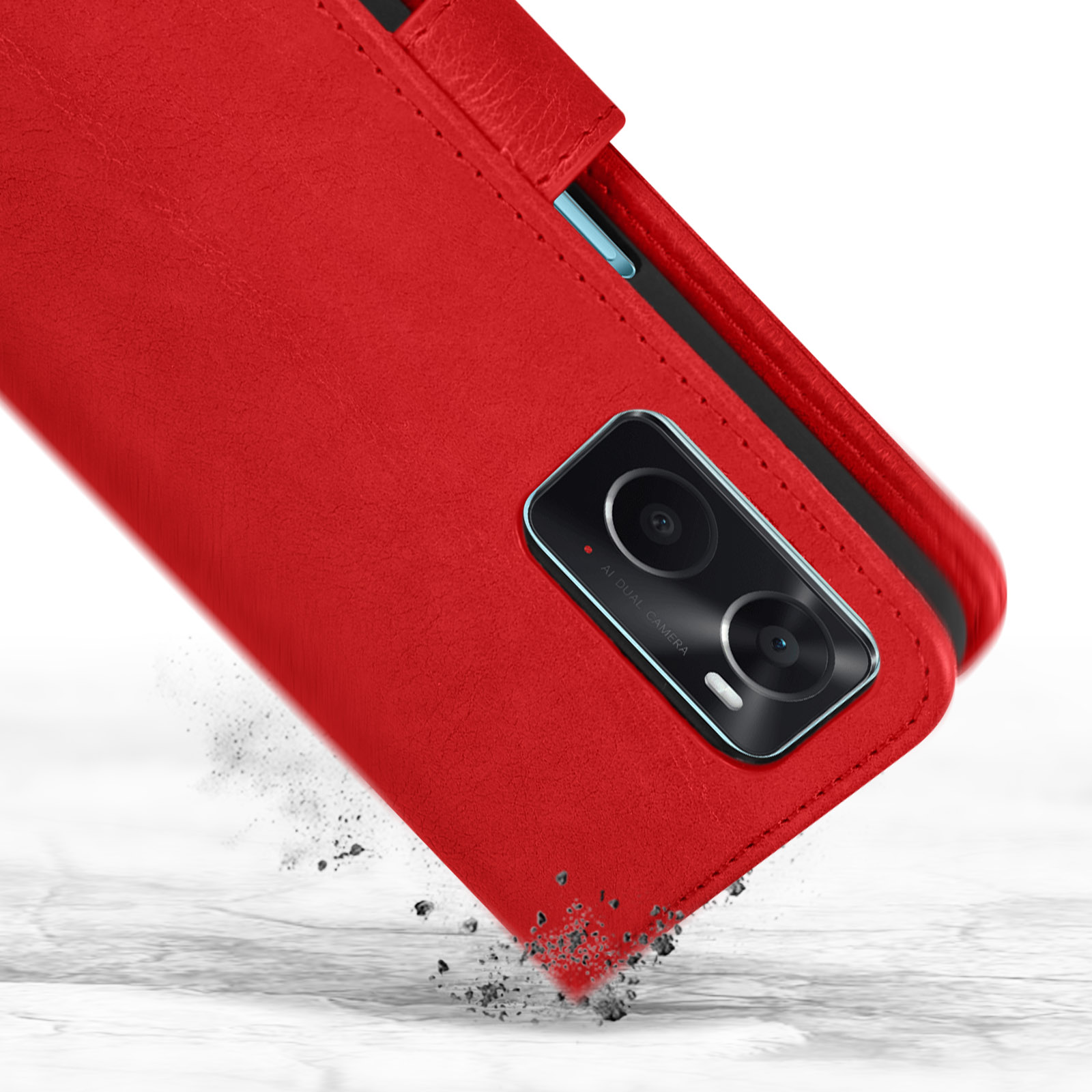 Rode telefoonhoes met dubbele camera valt op grijze ondergrond.