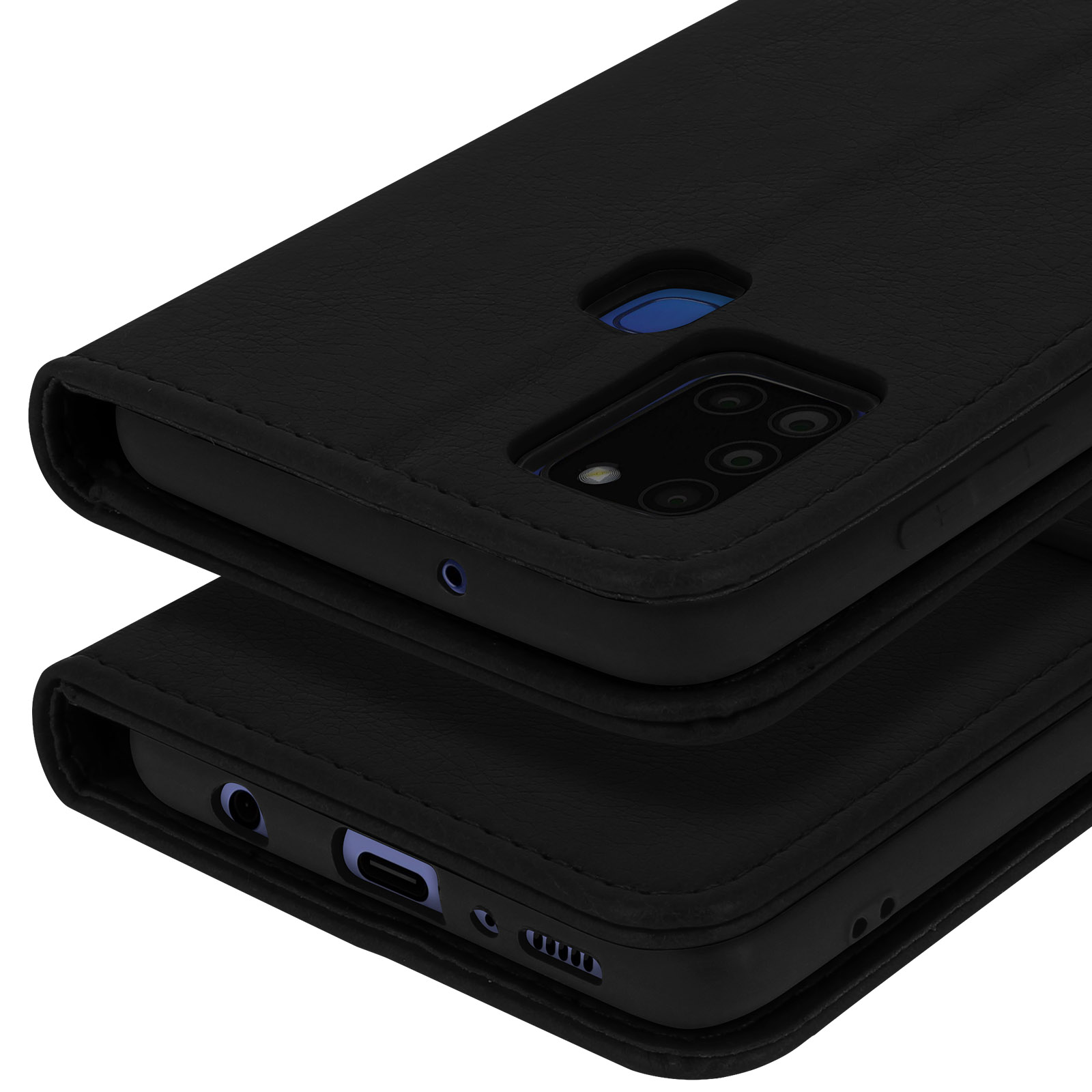 Zwarte lederen telefoonhoes met camera en oplaadpoort. Gedetailleerde stiksels.