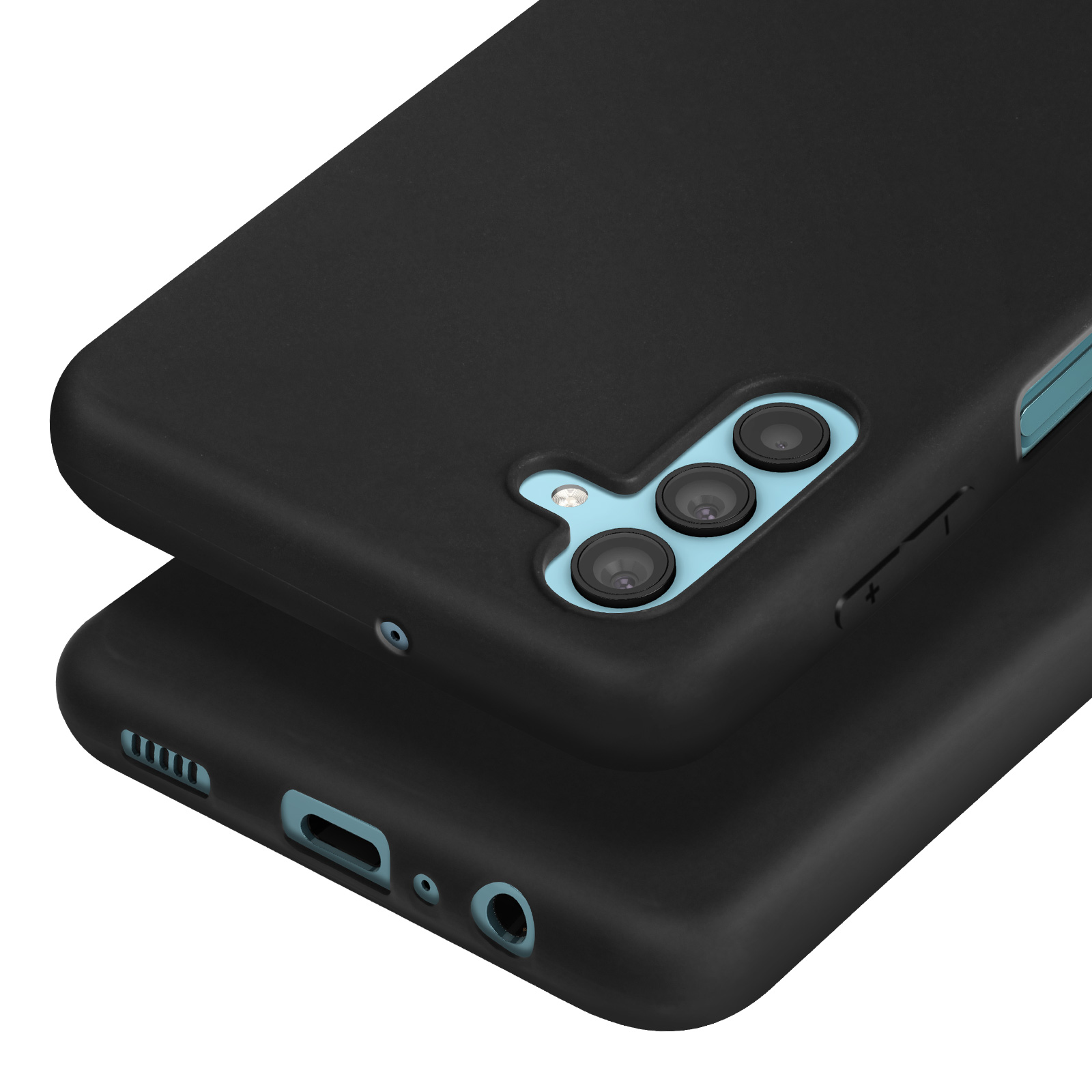 Twee zwarte telefoonhoesjes liggen op elkaar. De bovenste toont drie cameralenzen.