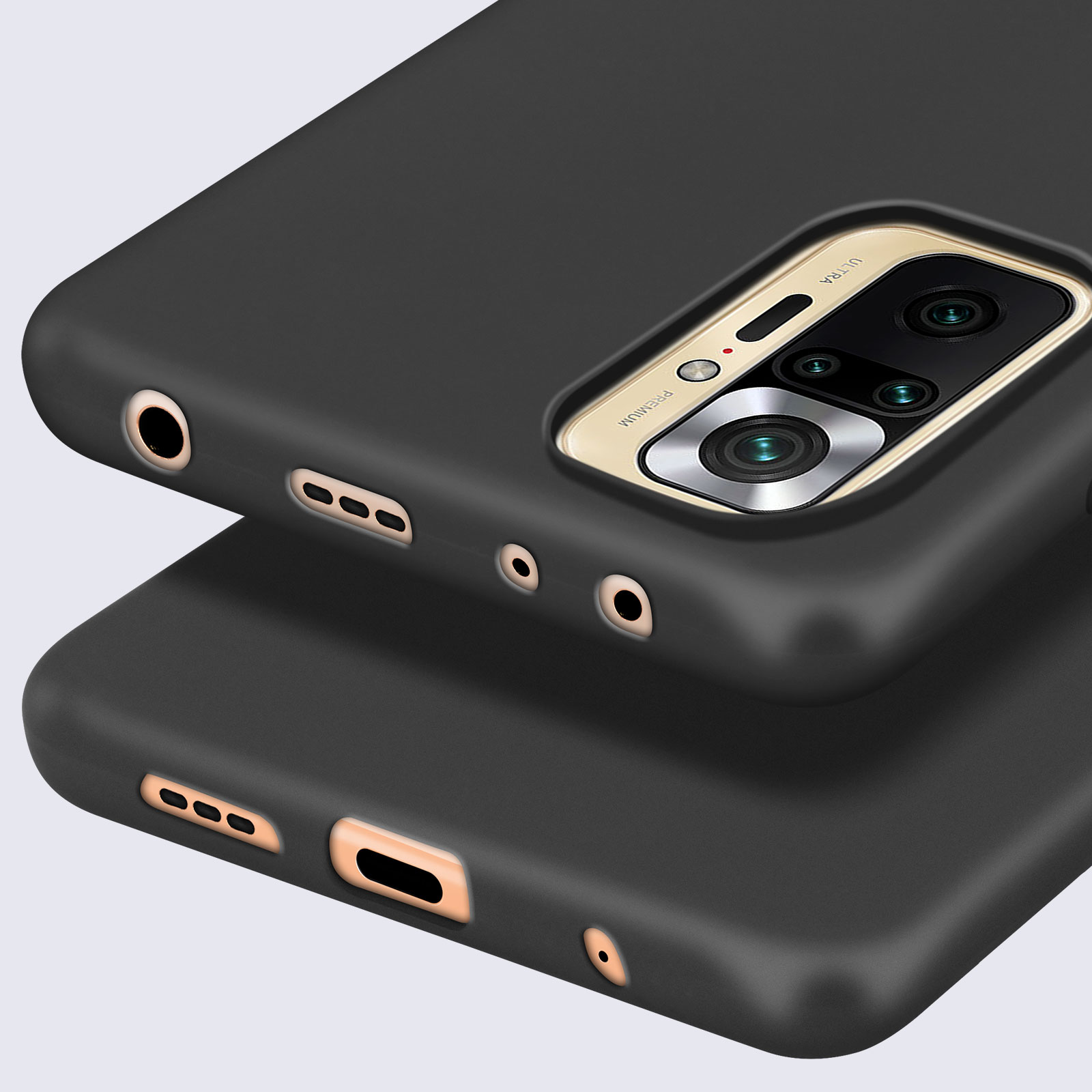 Coque de téléphone noire avec module caméra et ports.